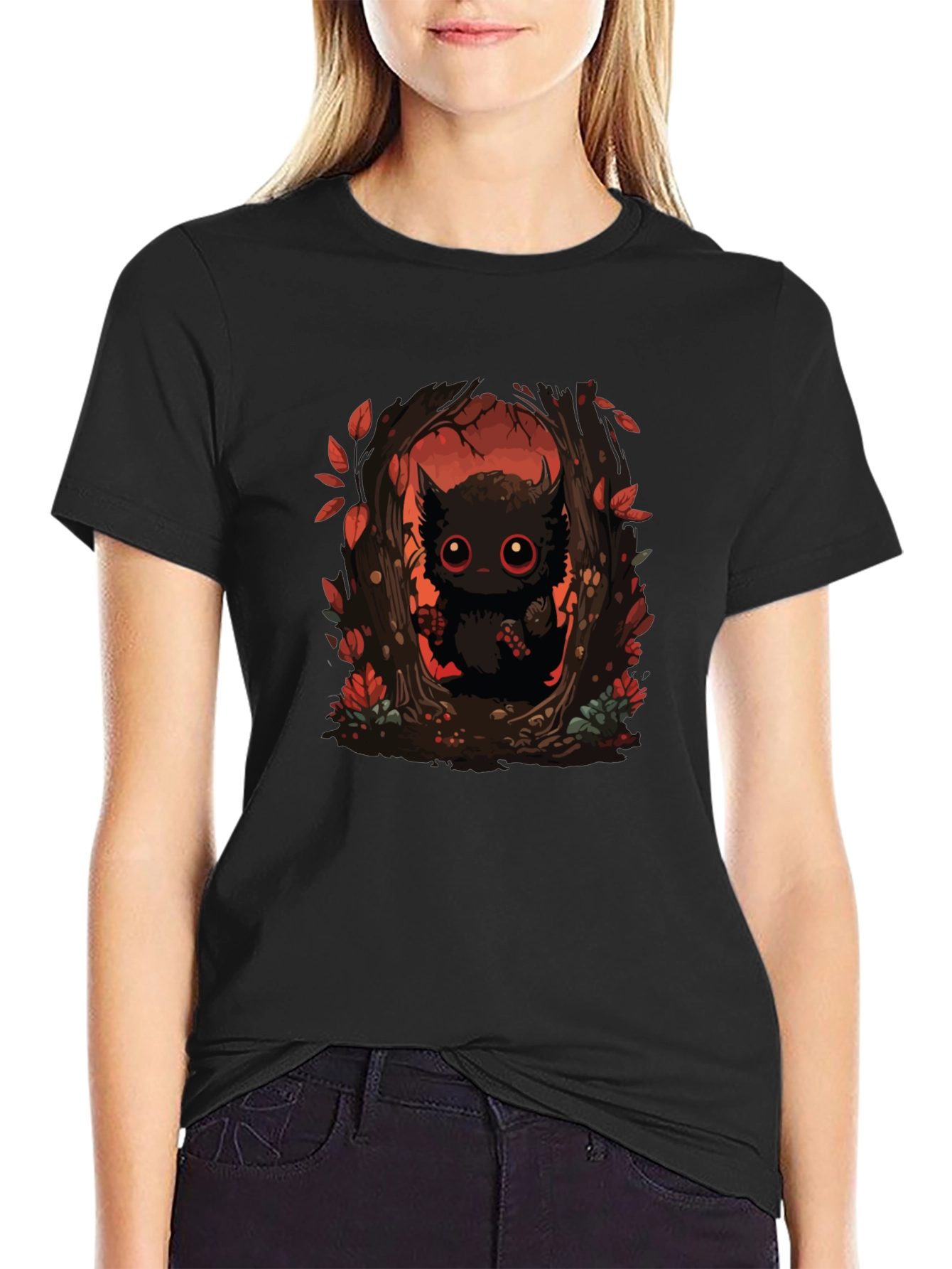 Whimsical Forest Creature Black T-Shirt