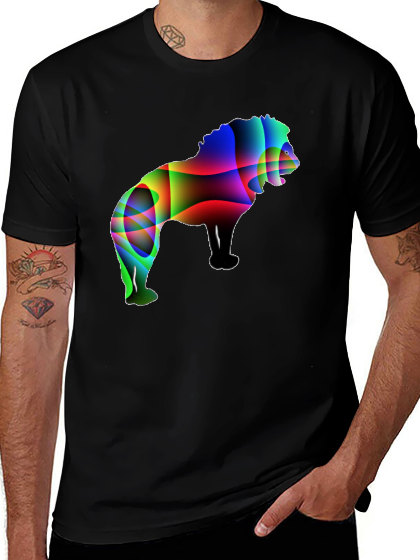 Mens Black T-Shirt with Abstract Lion Graphic