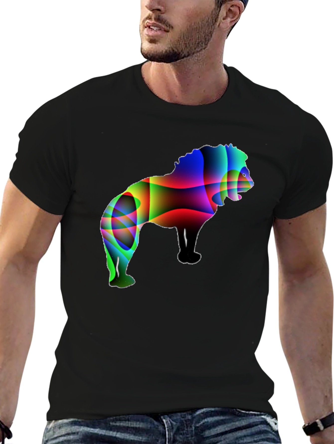 Mens Black T-Shirt with Abstract Lion Graphic