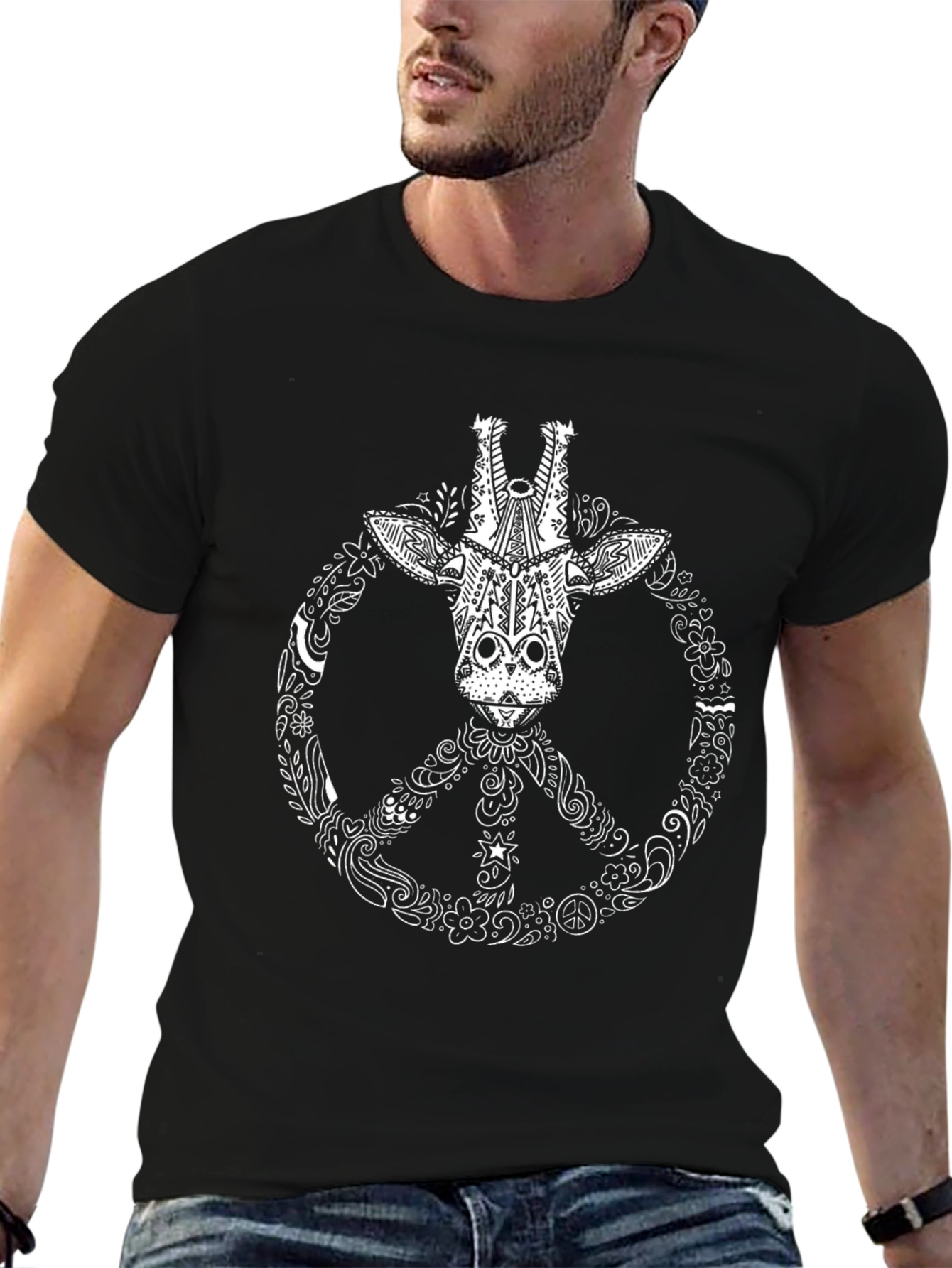 Giraffe Peace Sign Graphic Tee - Black