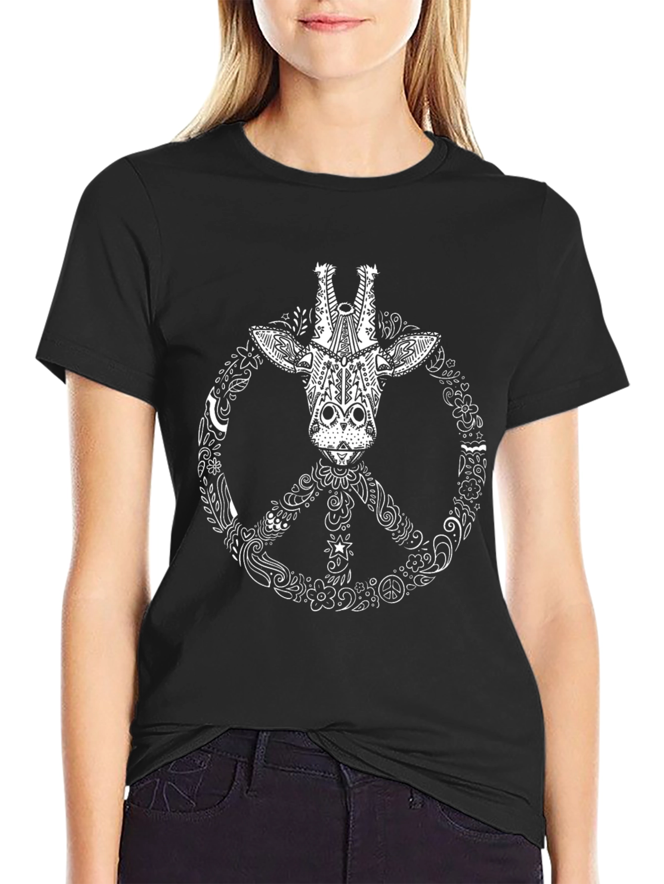 Giraffe Peace Sign Graphic Tee - Black