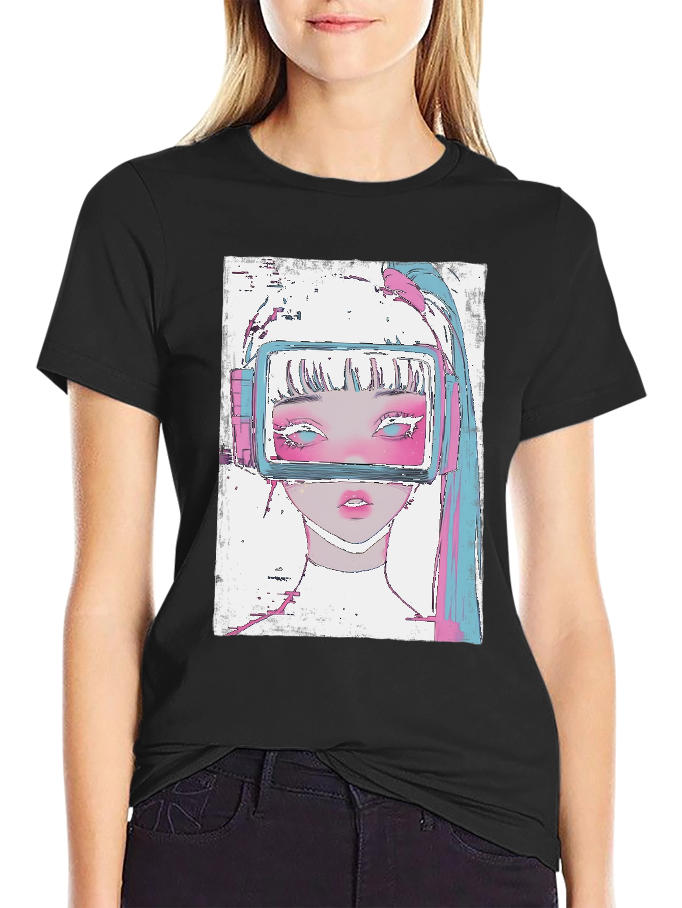 Anime VR Girl Graphic Black T-Shirt