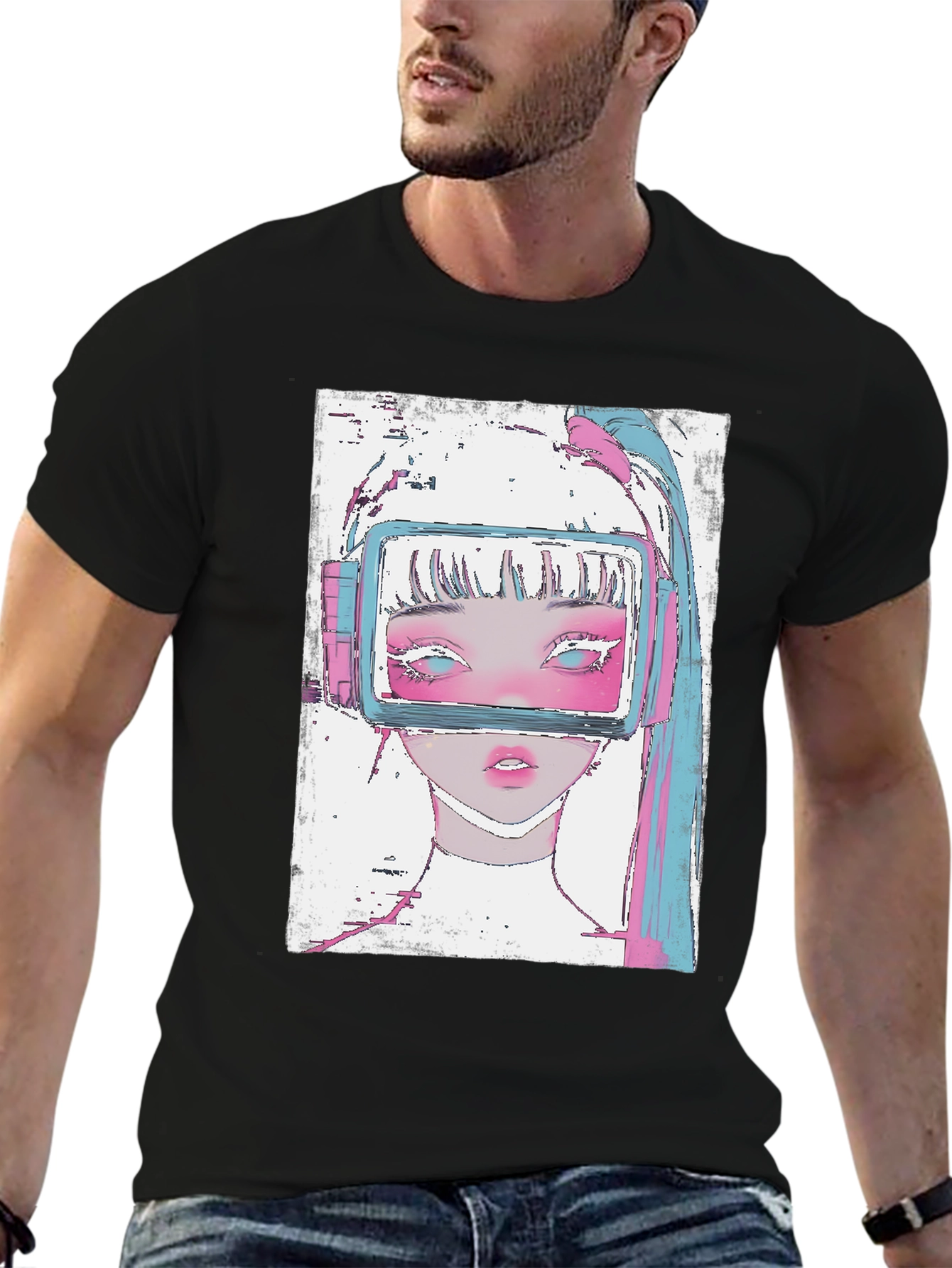 Anime VR Girl Graphic Black T-Shirt