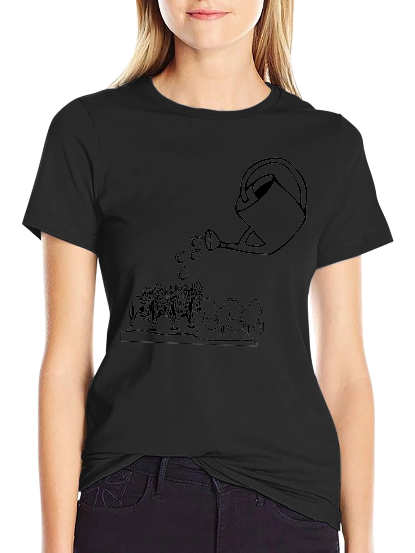 Gardening Tee: Watering Can Graphic Black T-Shirt