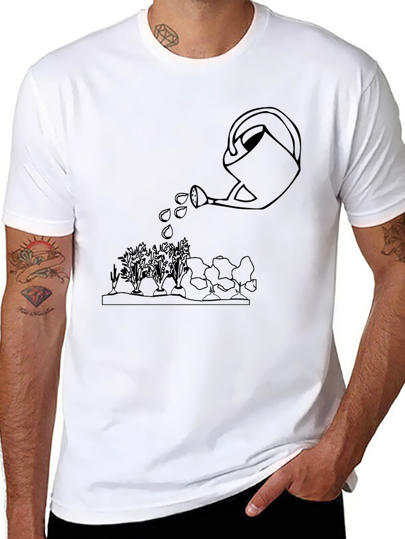 Gardening Tee: Watering Can Graphic Black T-Shirt
