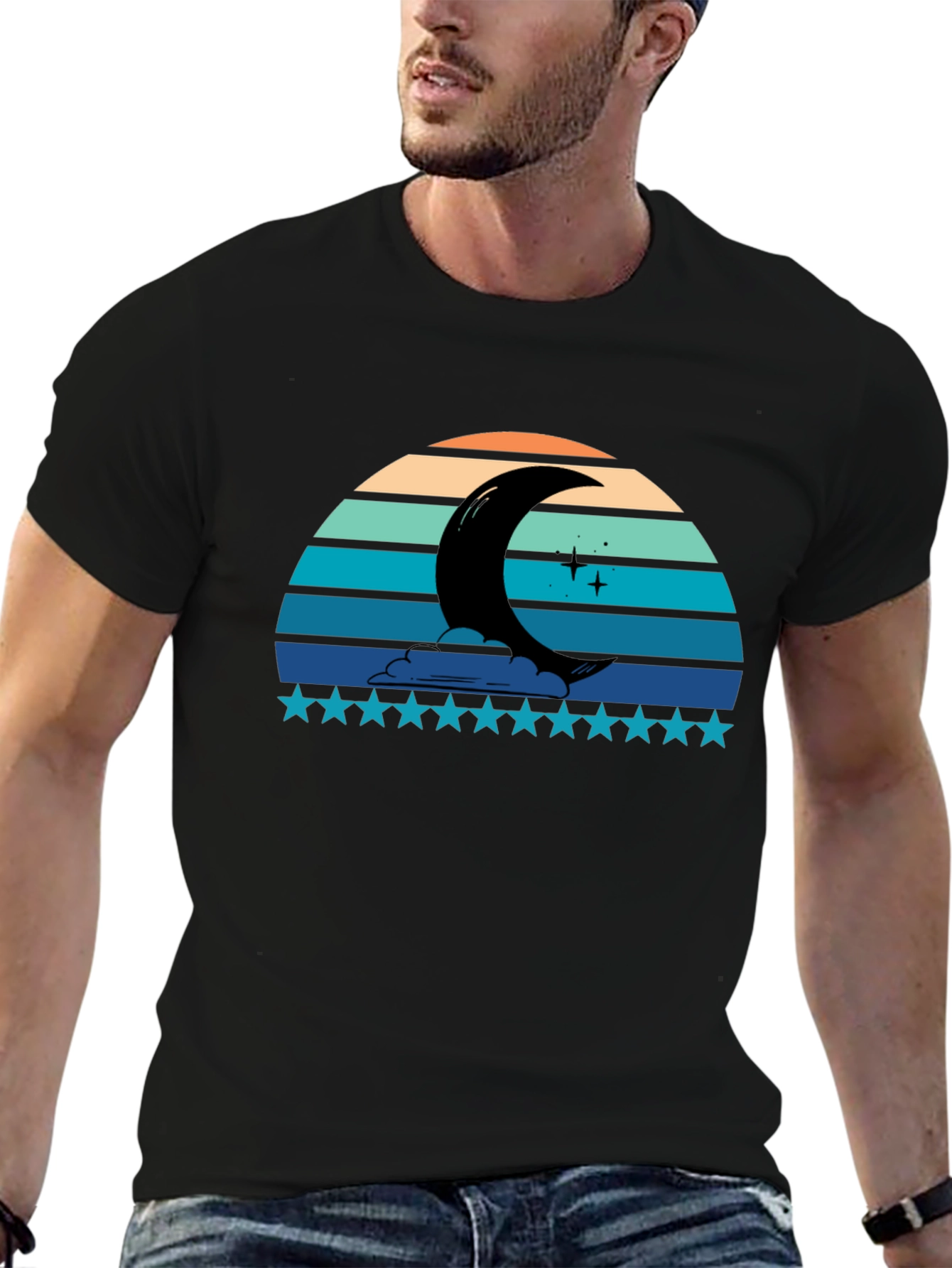 Crescent Moon Retro Style Black T-Shirt