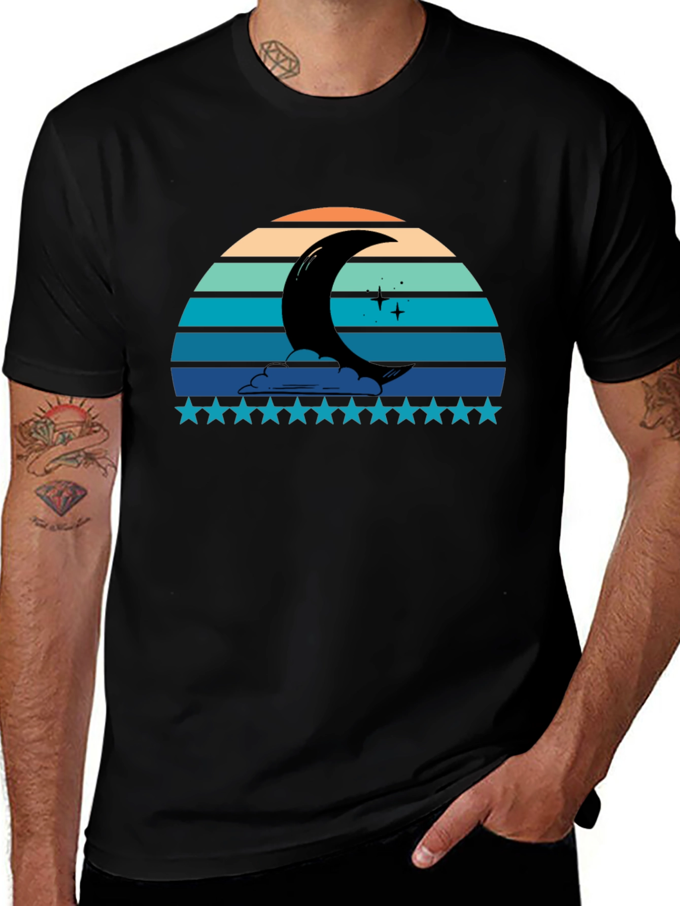 Crescent Moon Retro Style Black T-Shirt