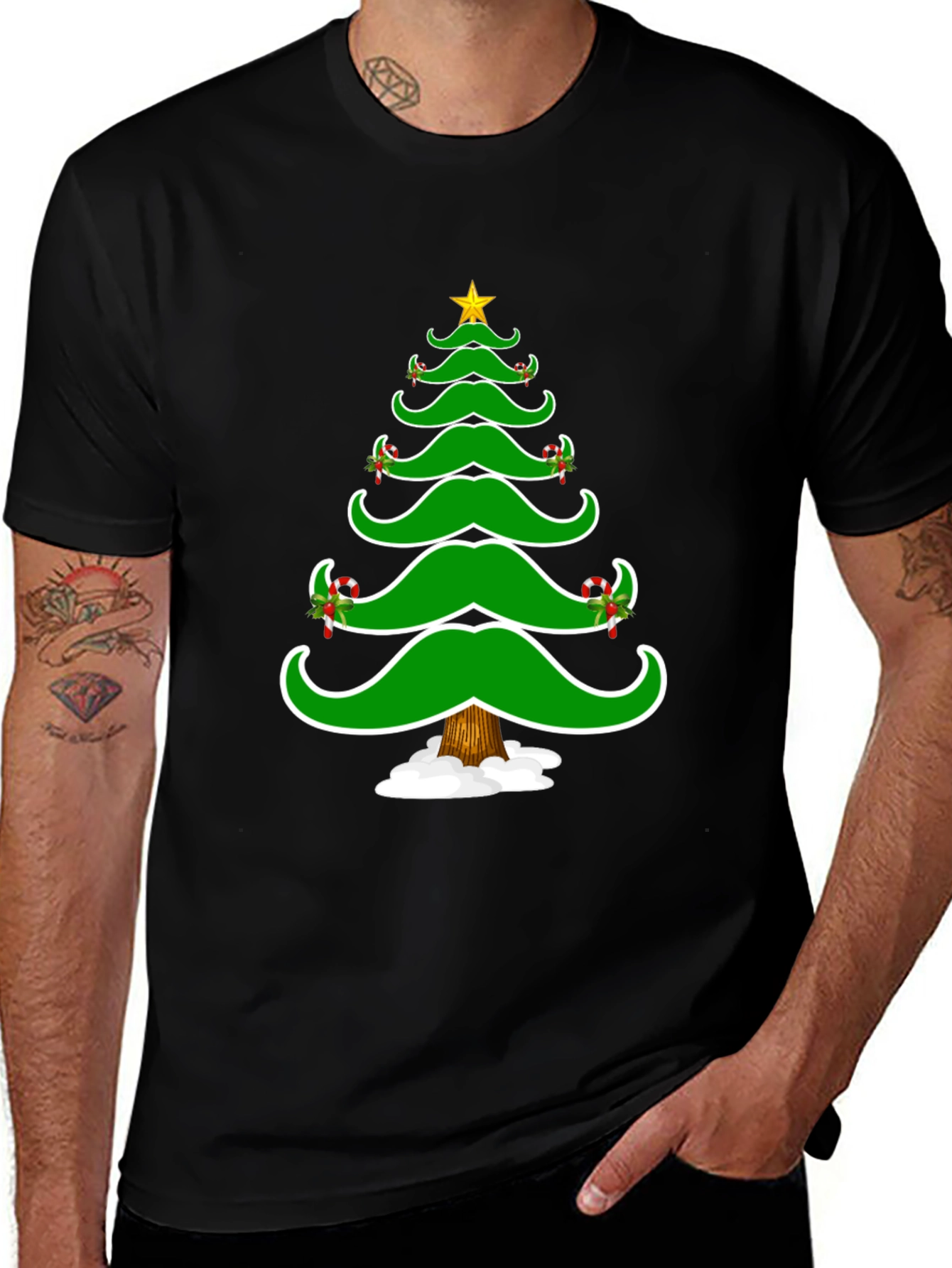 Christmas Tree Mustache Graphic Tee - Holiday Fun