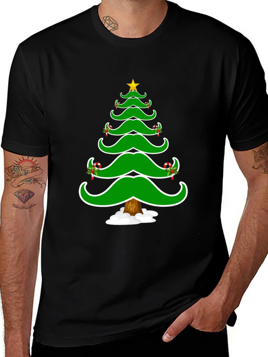 Christmas Tree Mustache Graphic Tee - Holiday Fun