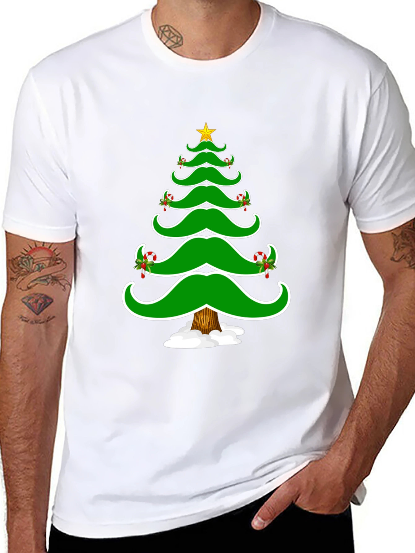 Christmas Tree Mustache Graphic Tee - Holiday Fun