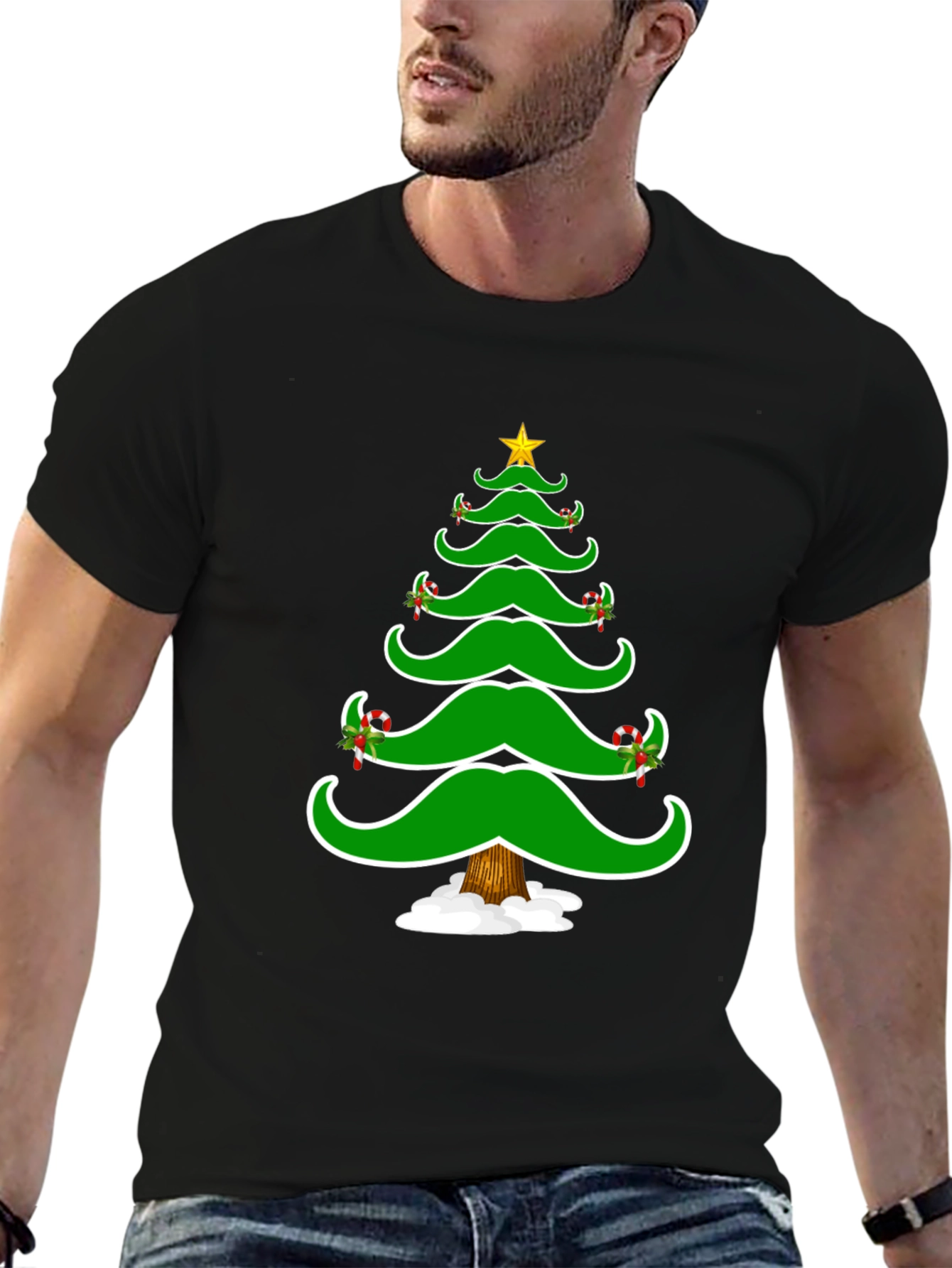 Christmas Tree Mustache Graphic Tee - Holiday Fun