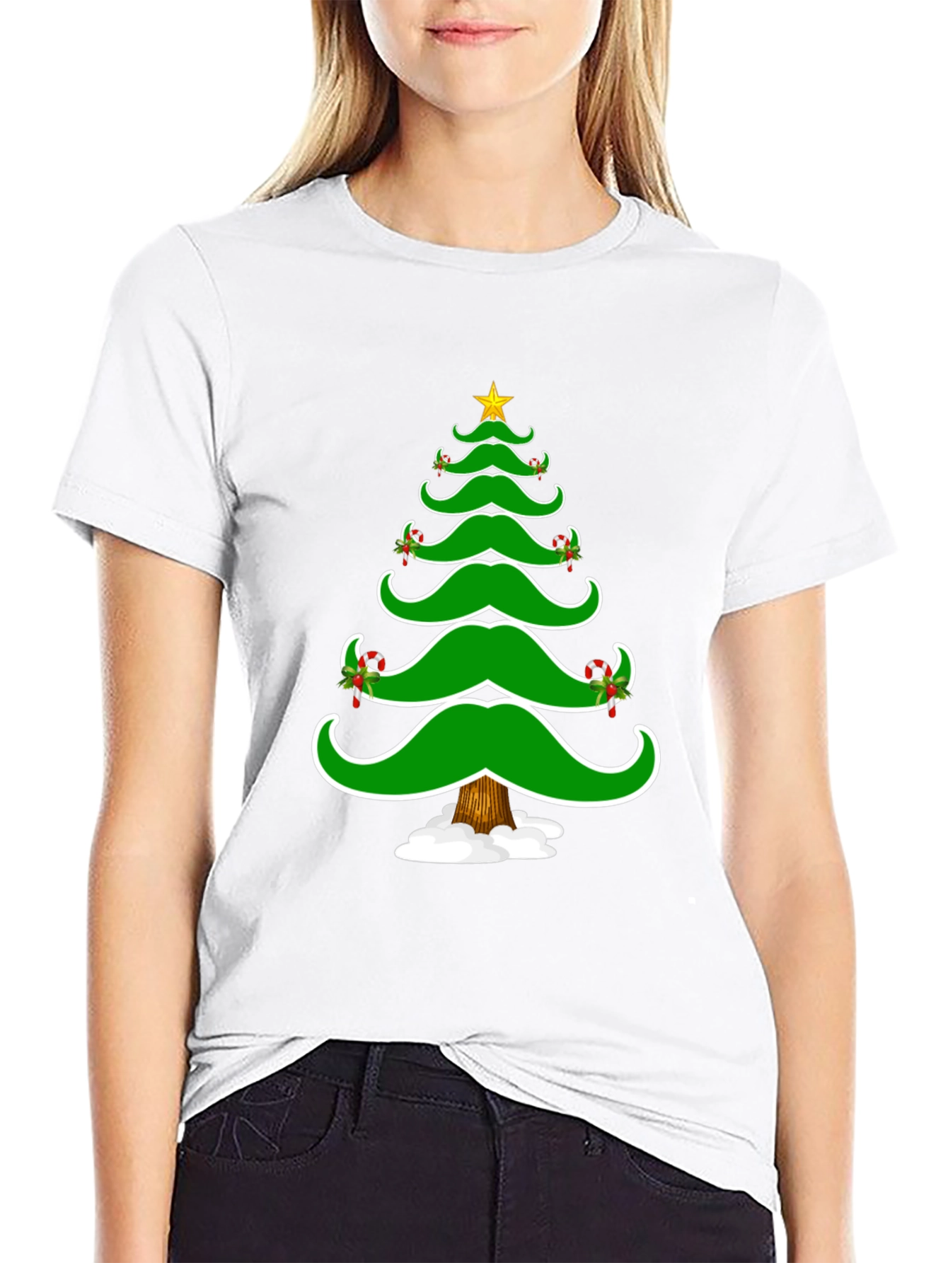 Christmas Tree Mustache Graphic Tee - Holiday Fun