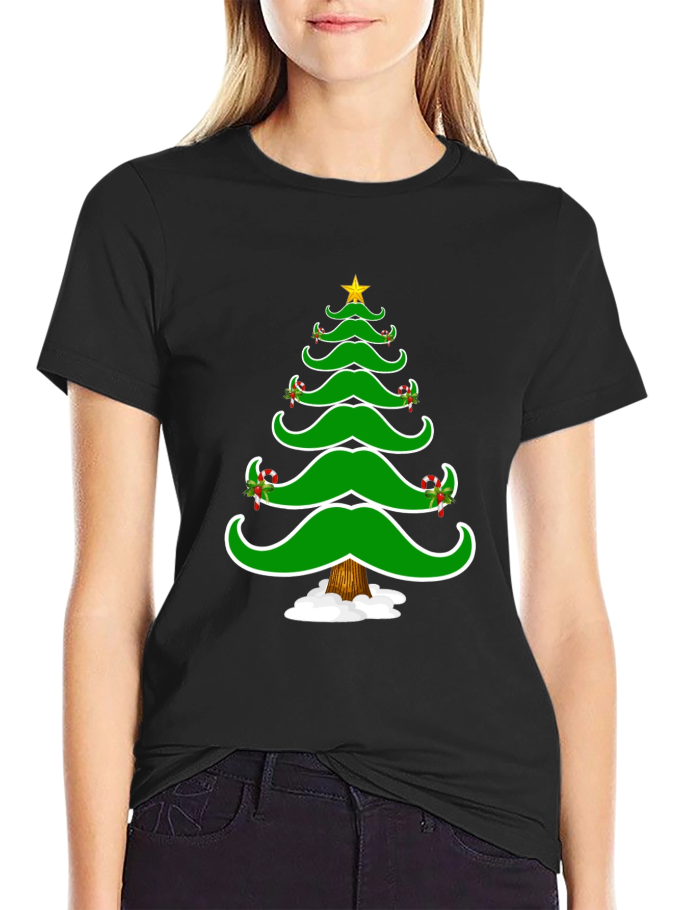 Christmas Tree Mustache Graphic Tee - Holiday Fun