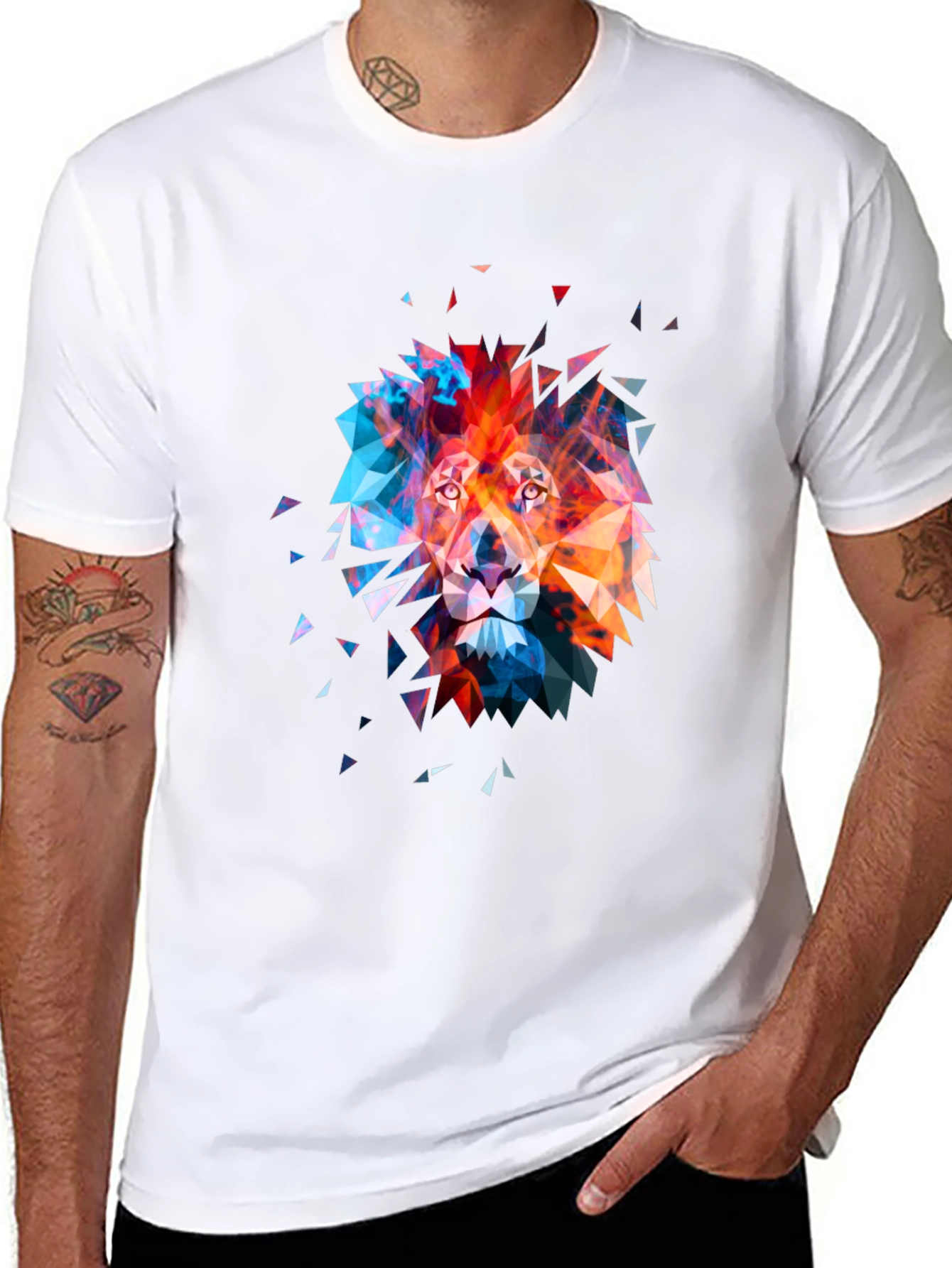 Geometric Lion Graphic Tee - Abstract Art Mens T-Shirt