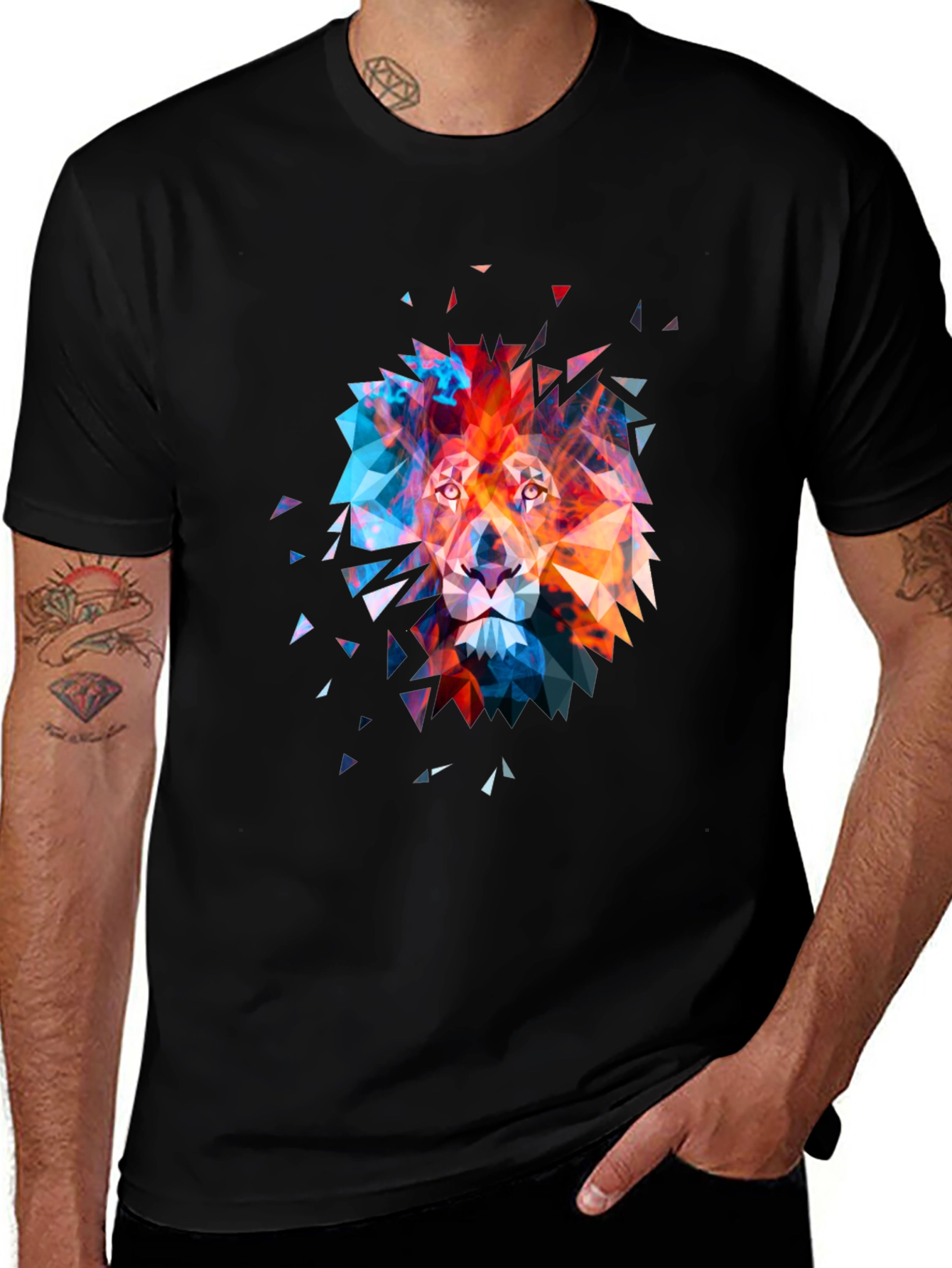 Geometric Lion Graphic Tee - Abstract Art Mens T-Shirt