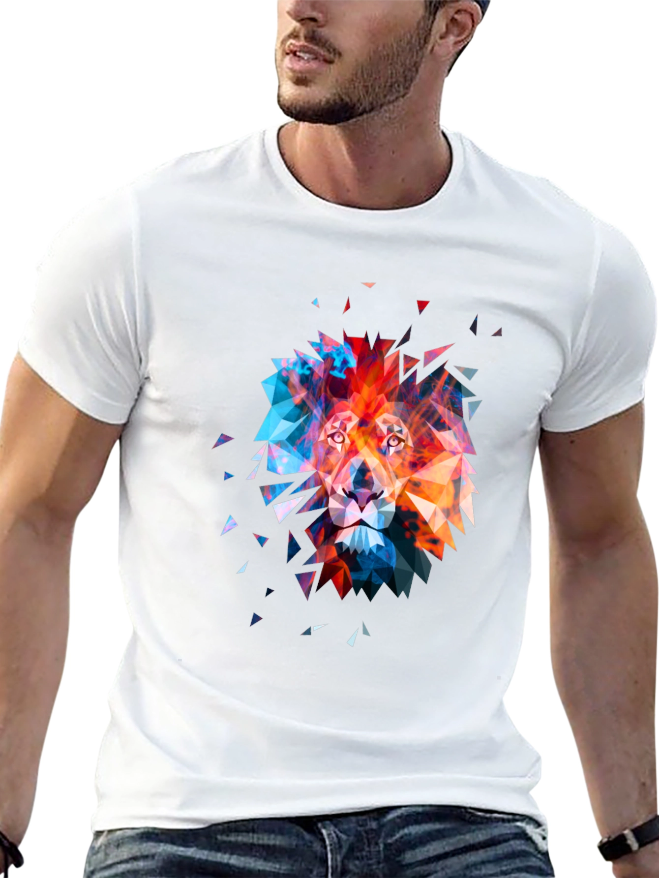 Geometric Lion Graphic Tee - Abstract Art Mens T-Shirt