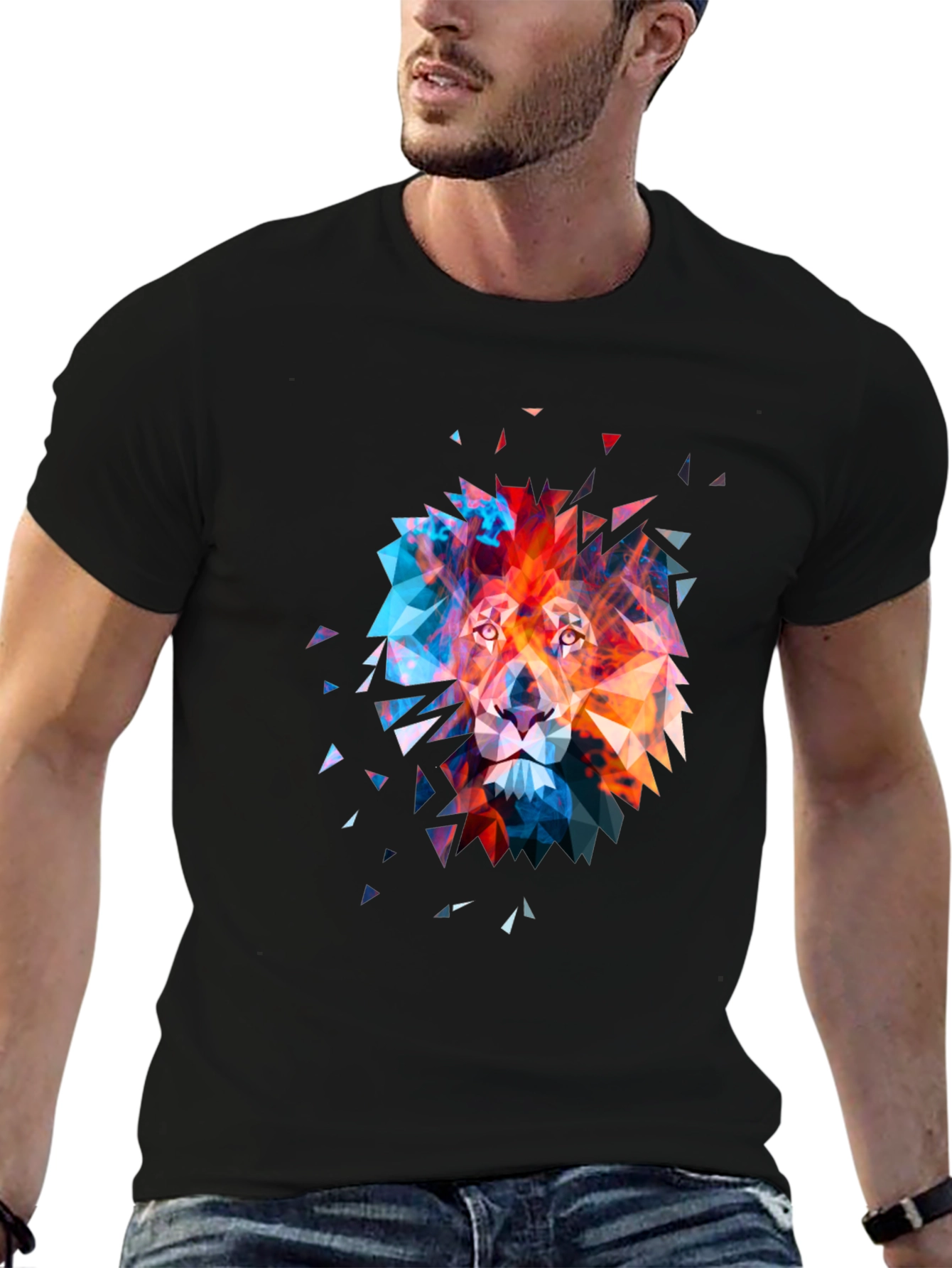 Geometric Lion Graphic Tee - Abstract Art Mens T-Shirt