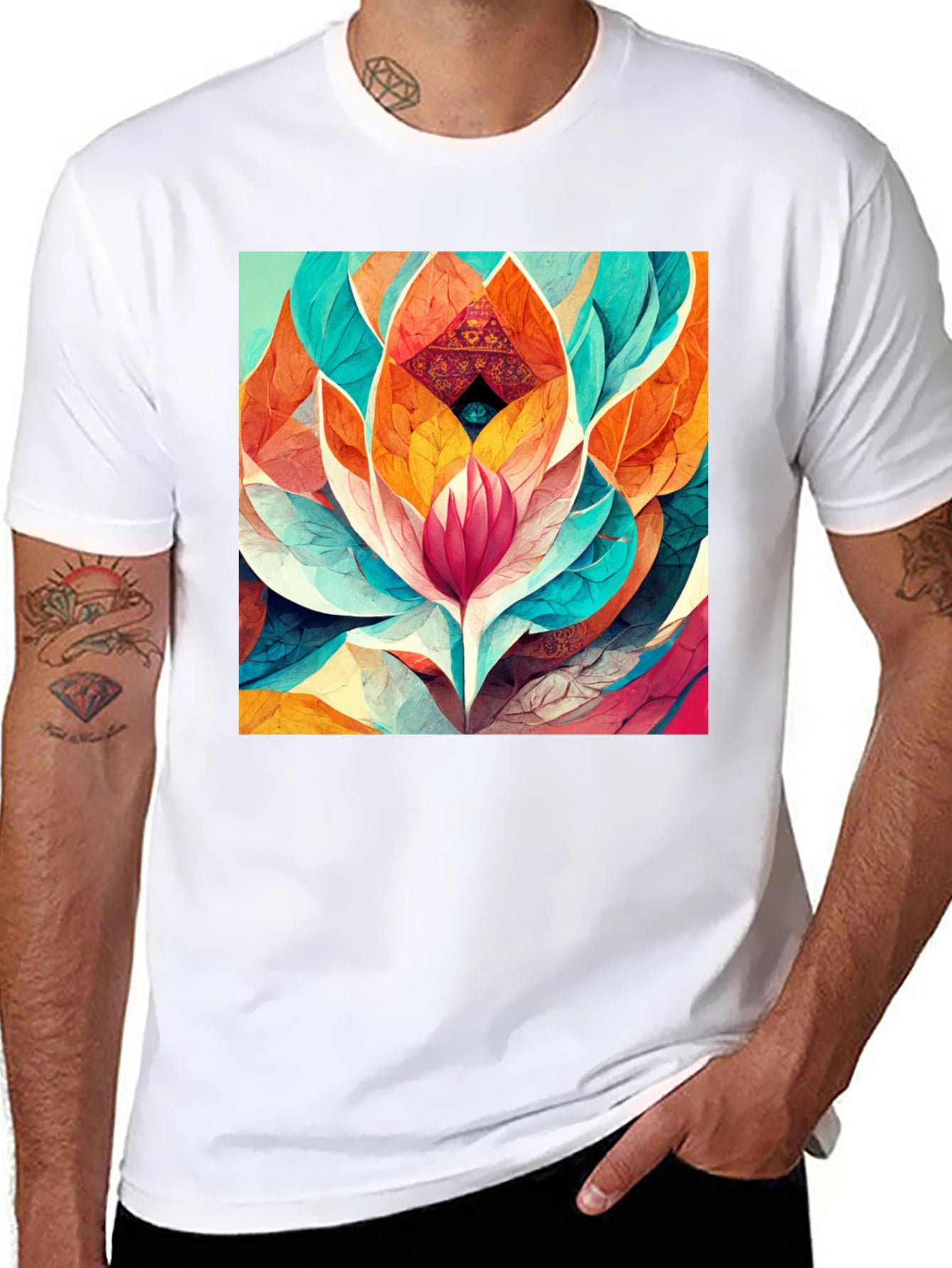 Vibrant Geometric Lotus Flower Graphic Tee