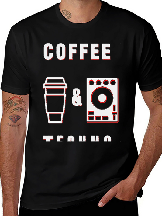 Coffee & Techno Graphic Tee - Black Crew Neck T-Shirt