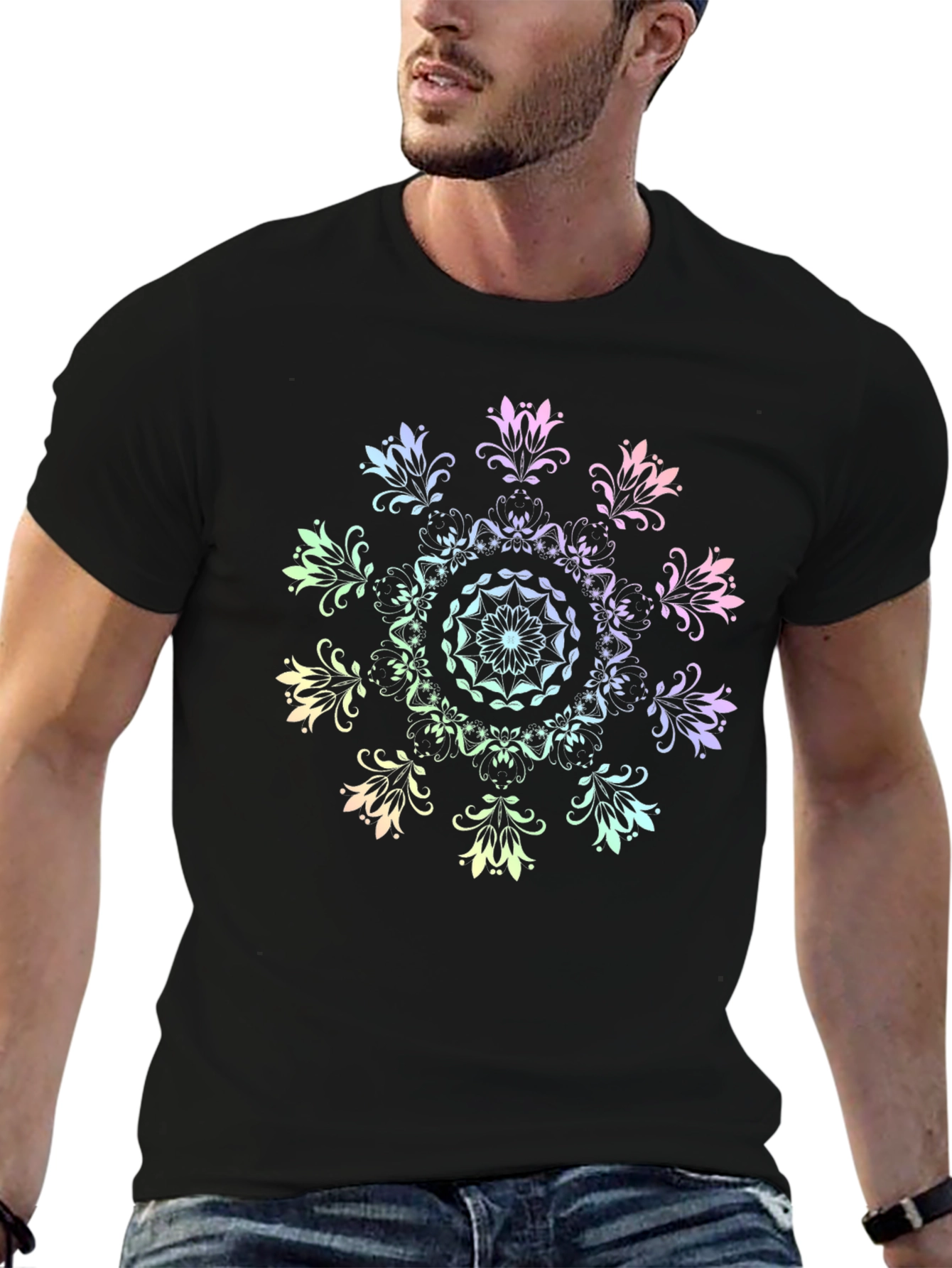 Rainbow Mandala Graphic Black T-Shirt