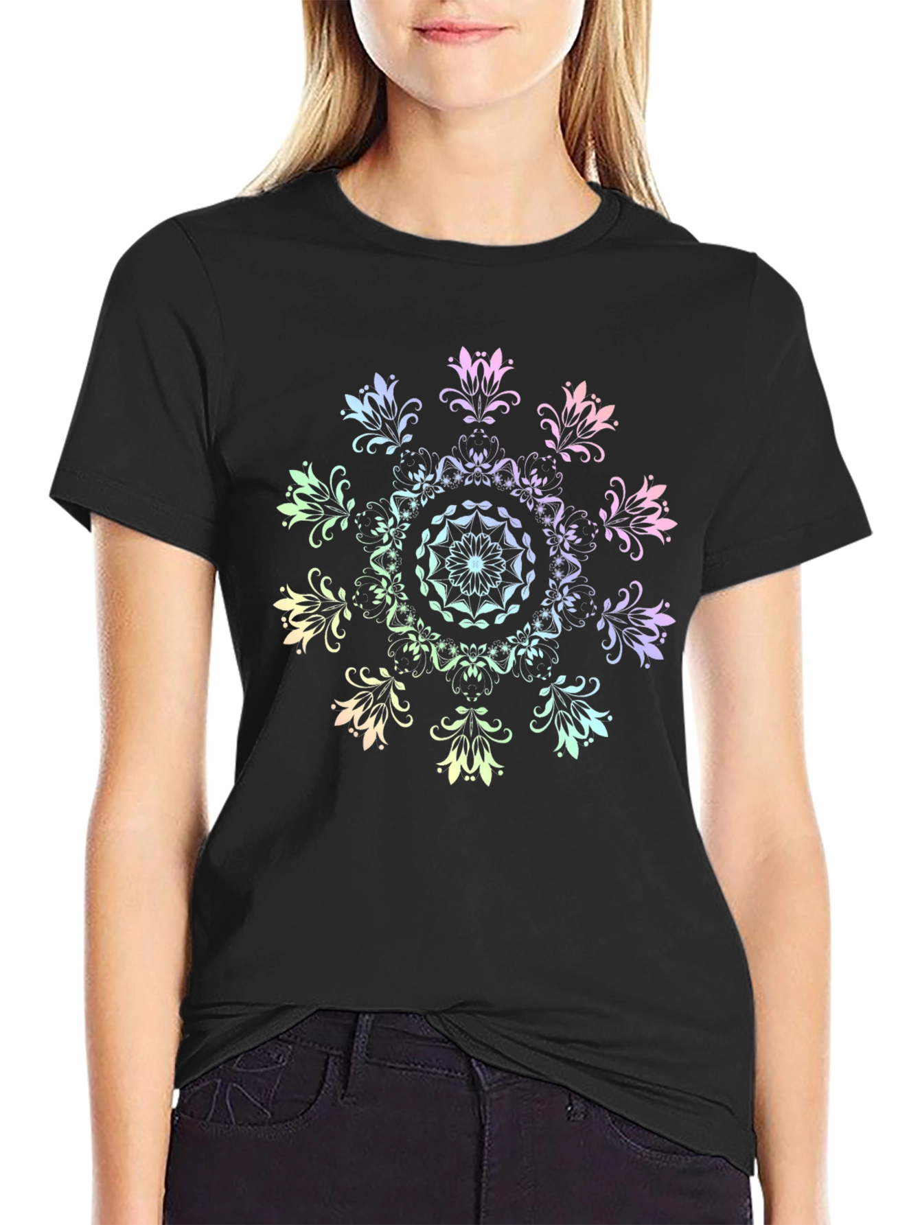 Rainbow Mandala Graphic Black T-Shirt
