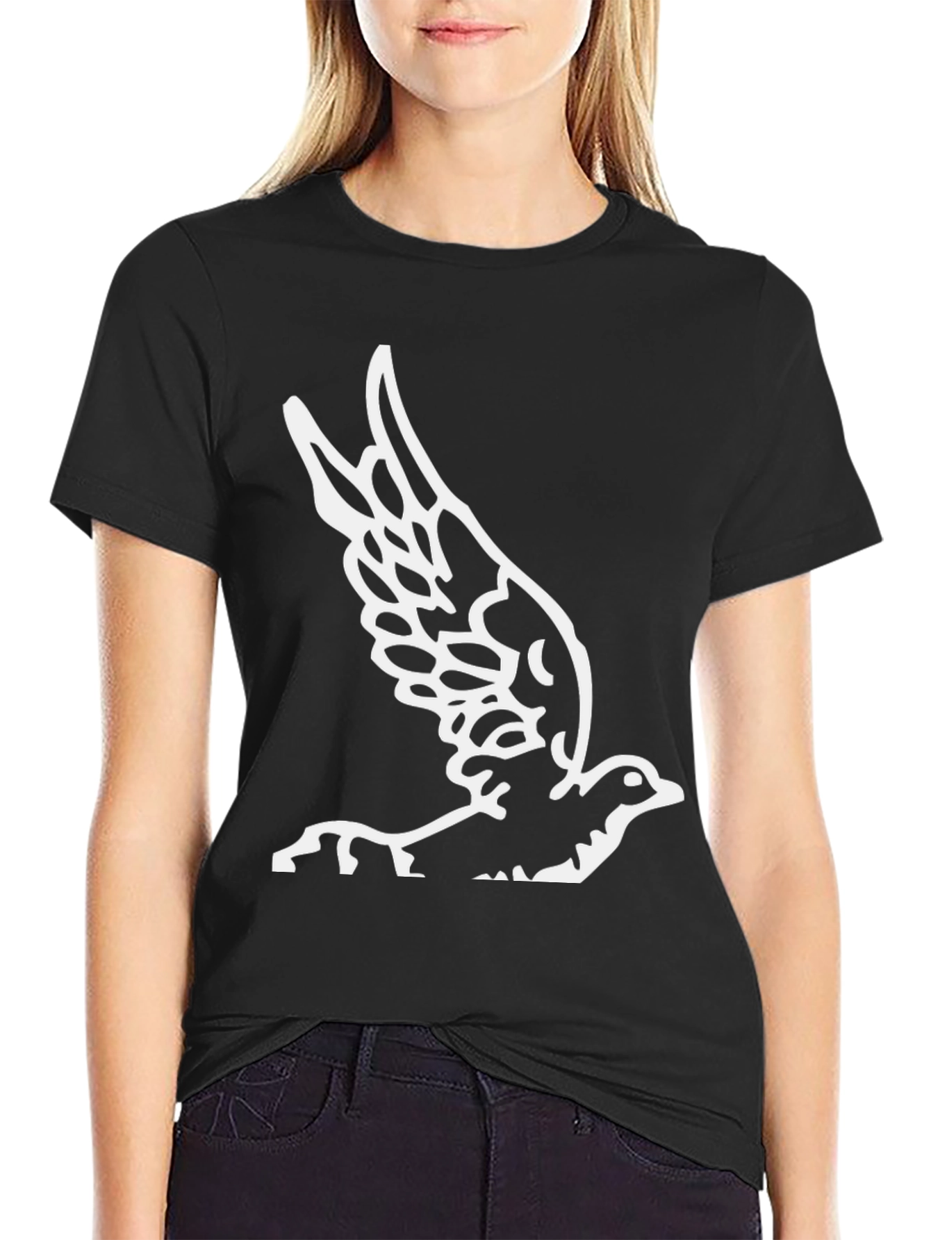 Black T-Shirt with White Bird Graphic