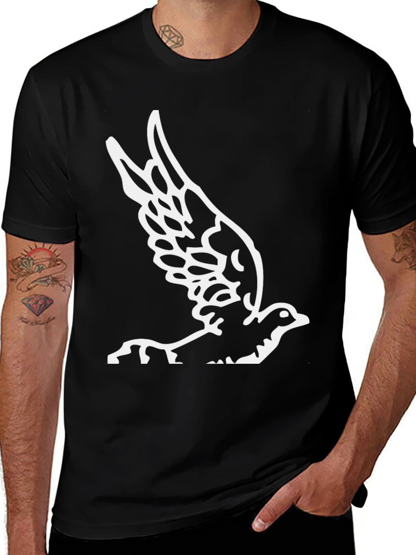 Black T-Shirt with White Bird Graphic