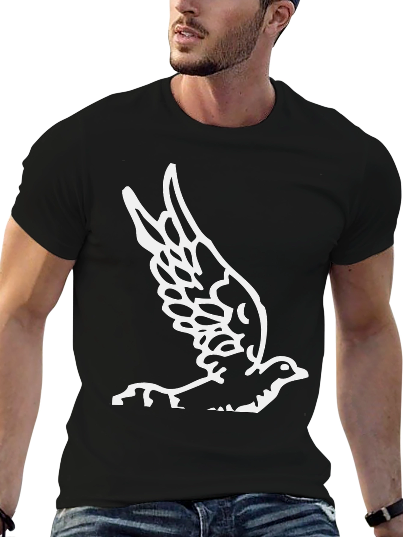 Black T-Shirt with White Bird Graphic