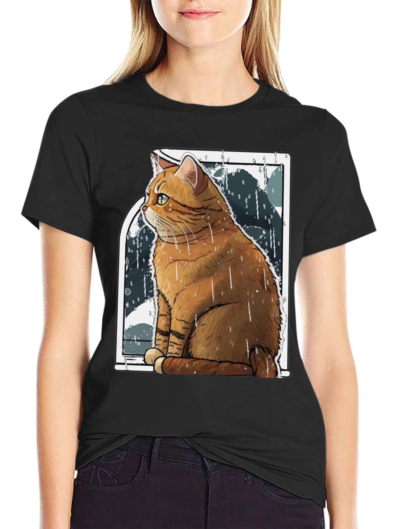 Rainy Day Cat Graphic Tee - Unisex Black T-Shirt