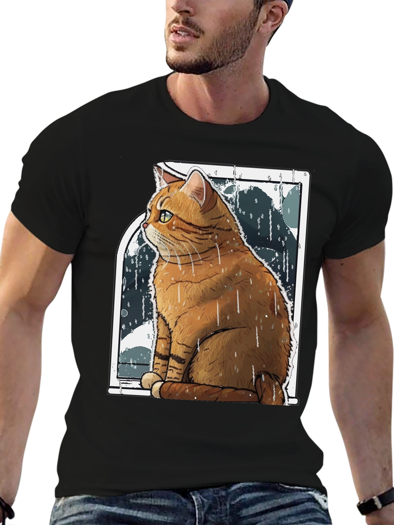 Rainy Day Cat Graphic Tee - Unisex Black T-Shirt