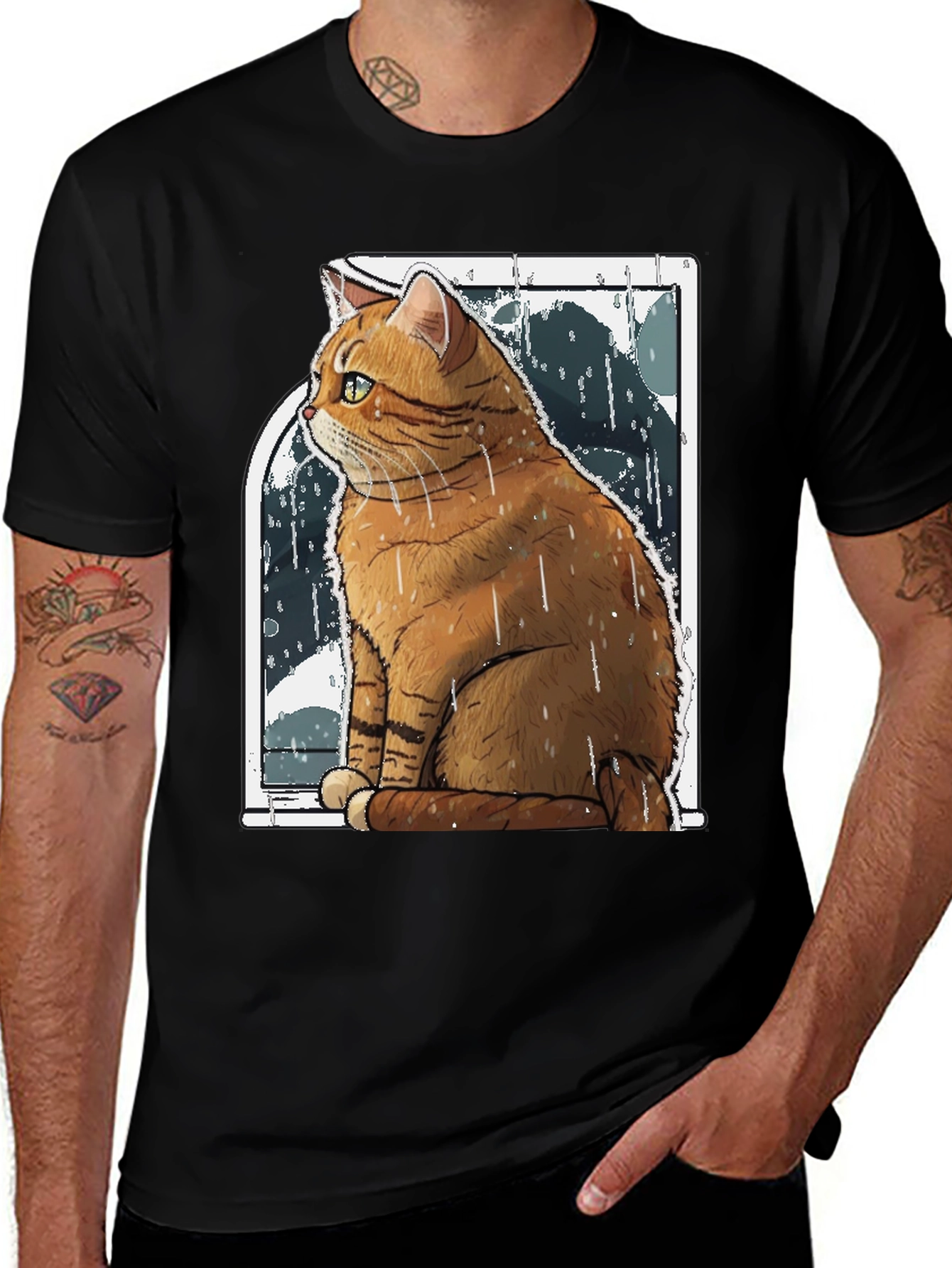 Rainy Day Cat Graphic Tee - Unisex Black T-Shirt