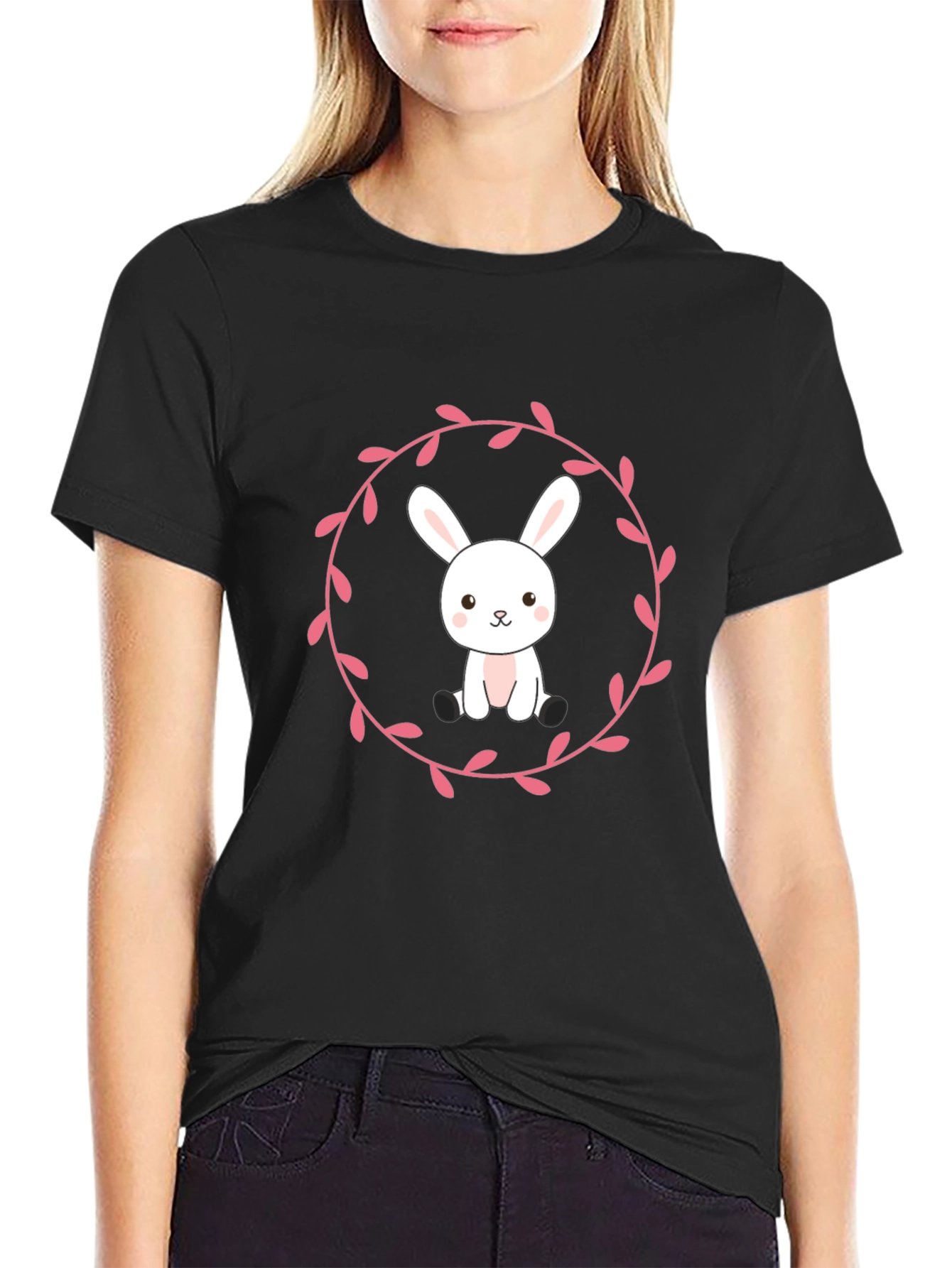 Bunny Wreath Graphic T-Shirt - Black