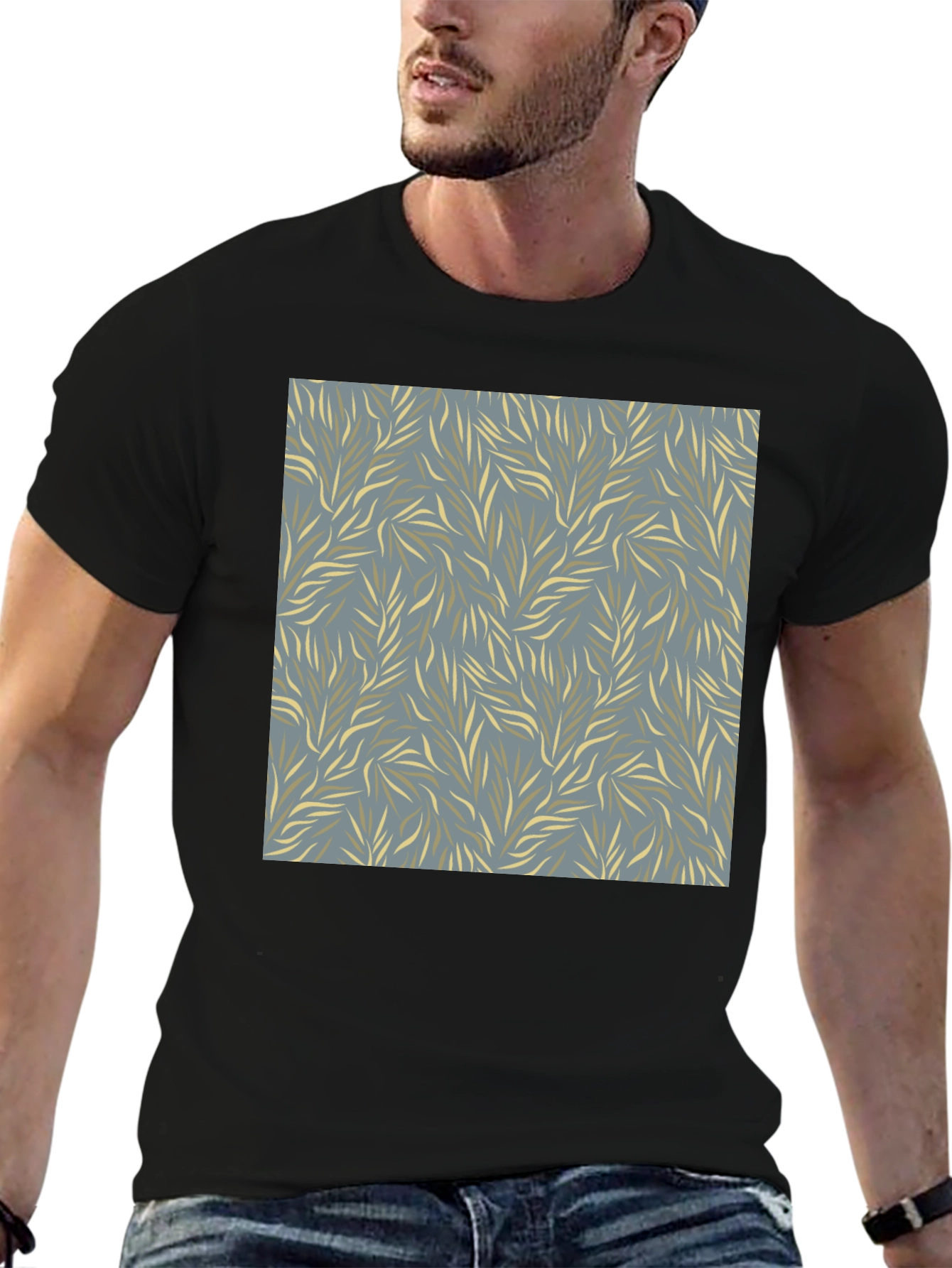 Stylish Mens Black Tee with Leaf Pattern