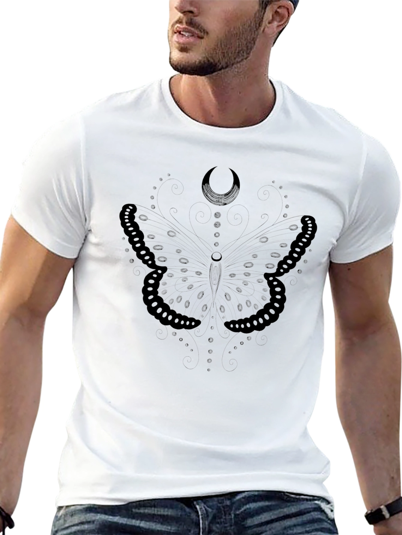 Butterfly Moon Graphic Tee - Black Cotton Casual T-Shirt