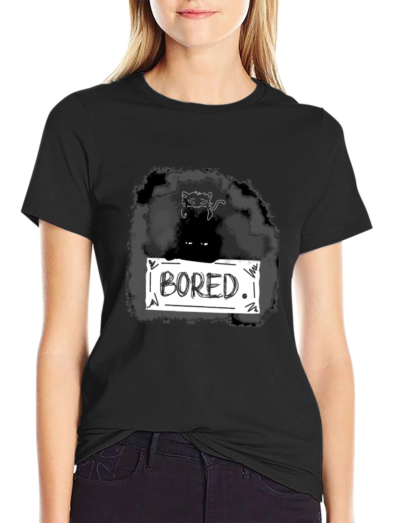 Bored Cat Graphic T-Shirt - Unisex Black Tee