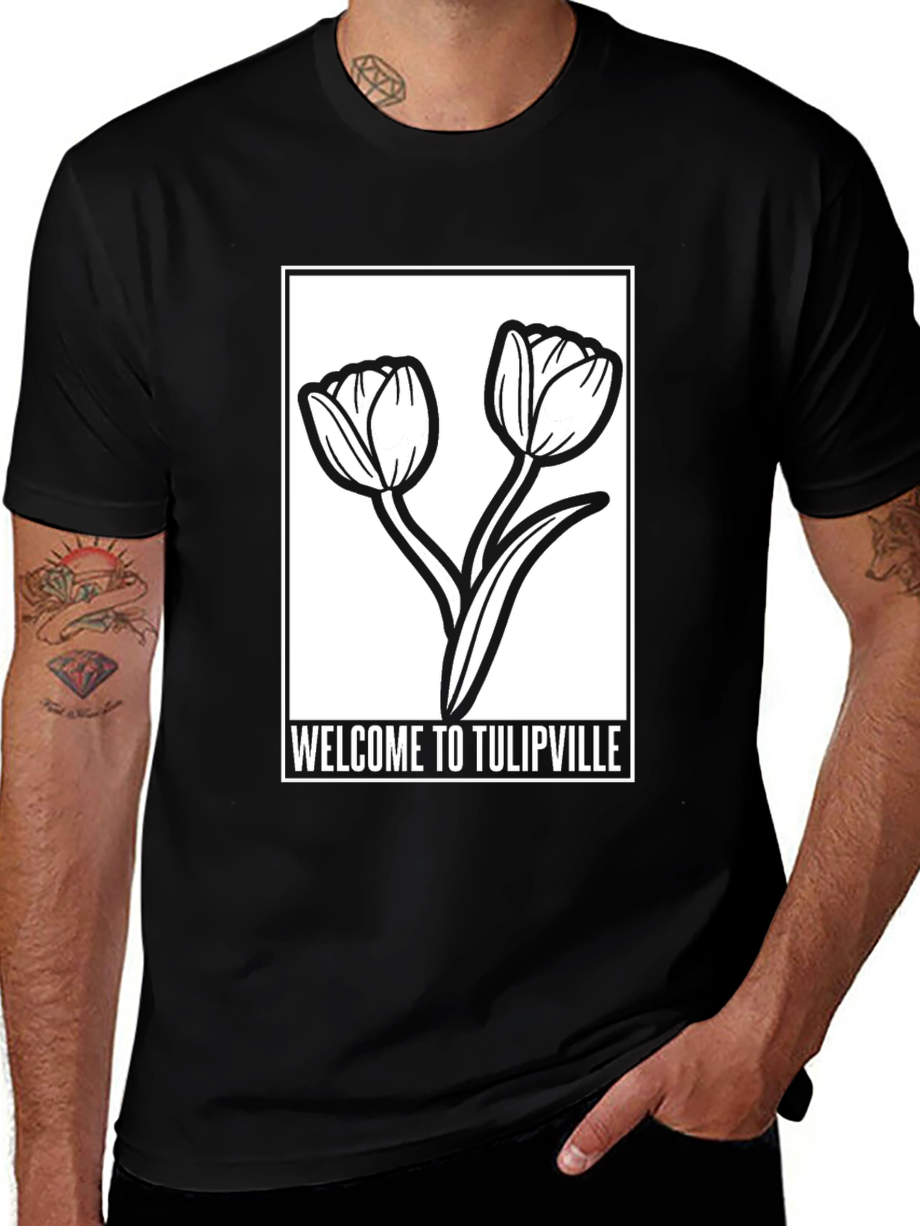Welcome to Tulipville Black Graphic T-Shirt