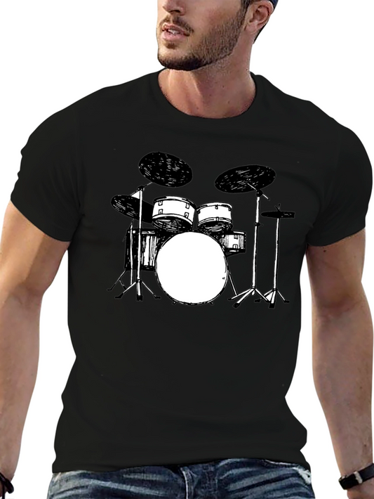 Drum Set Graphic Tee - Black Crew Neck T-Shirt