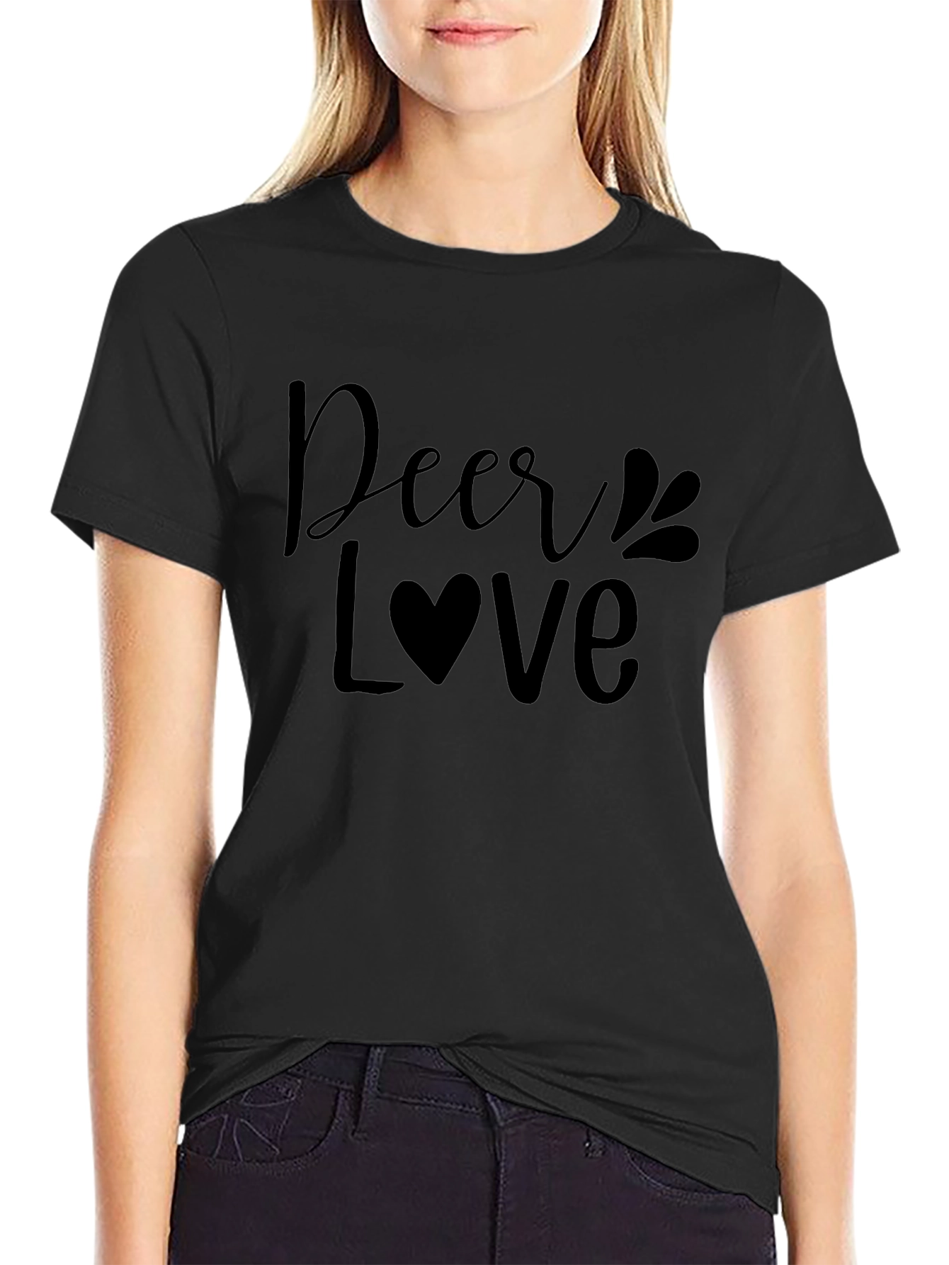 Deer Love Graphic Print Black T-Shirt