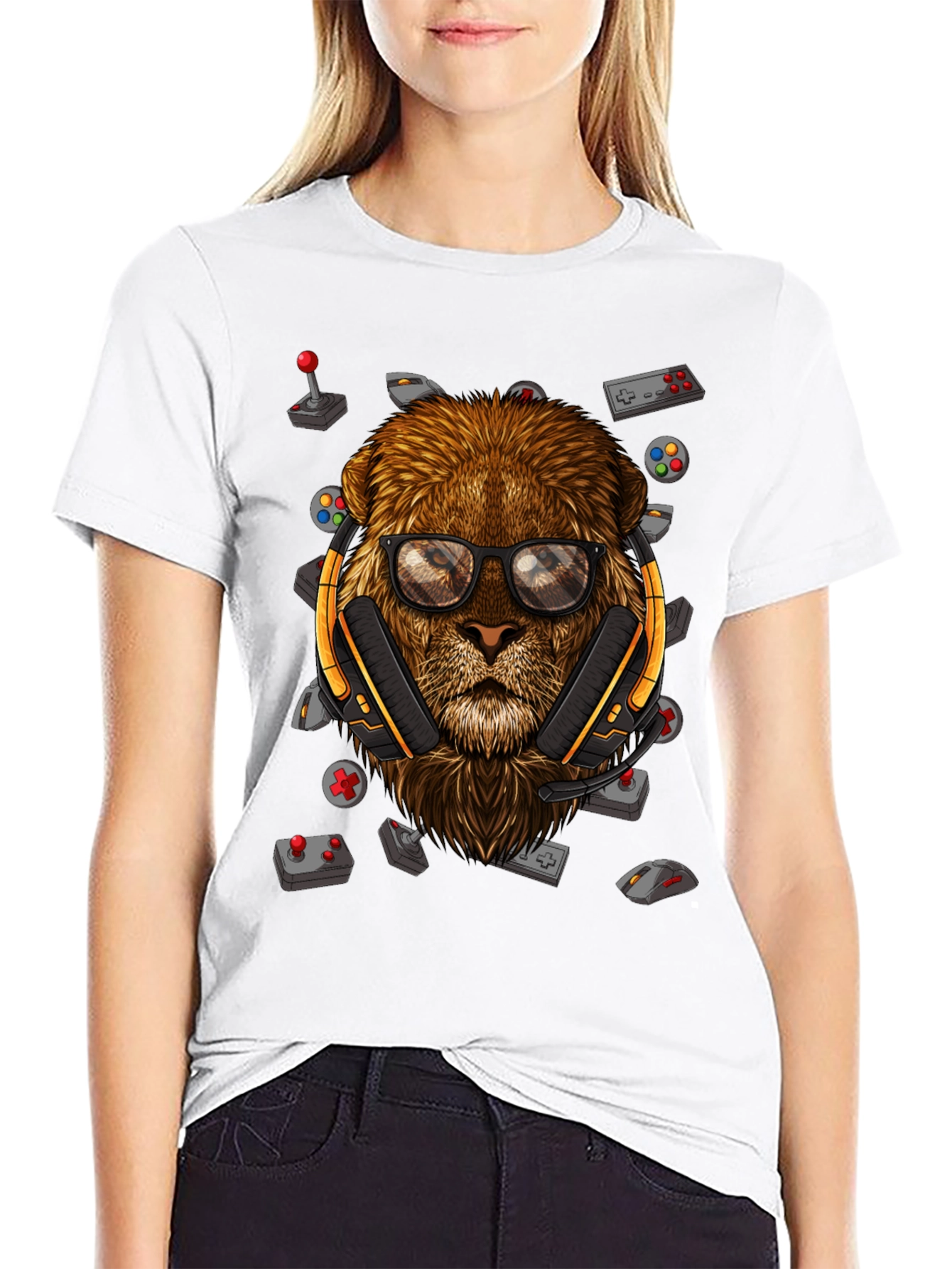 Gamer Lion Graphic Tee - Black Cotton Blend