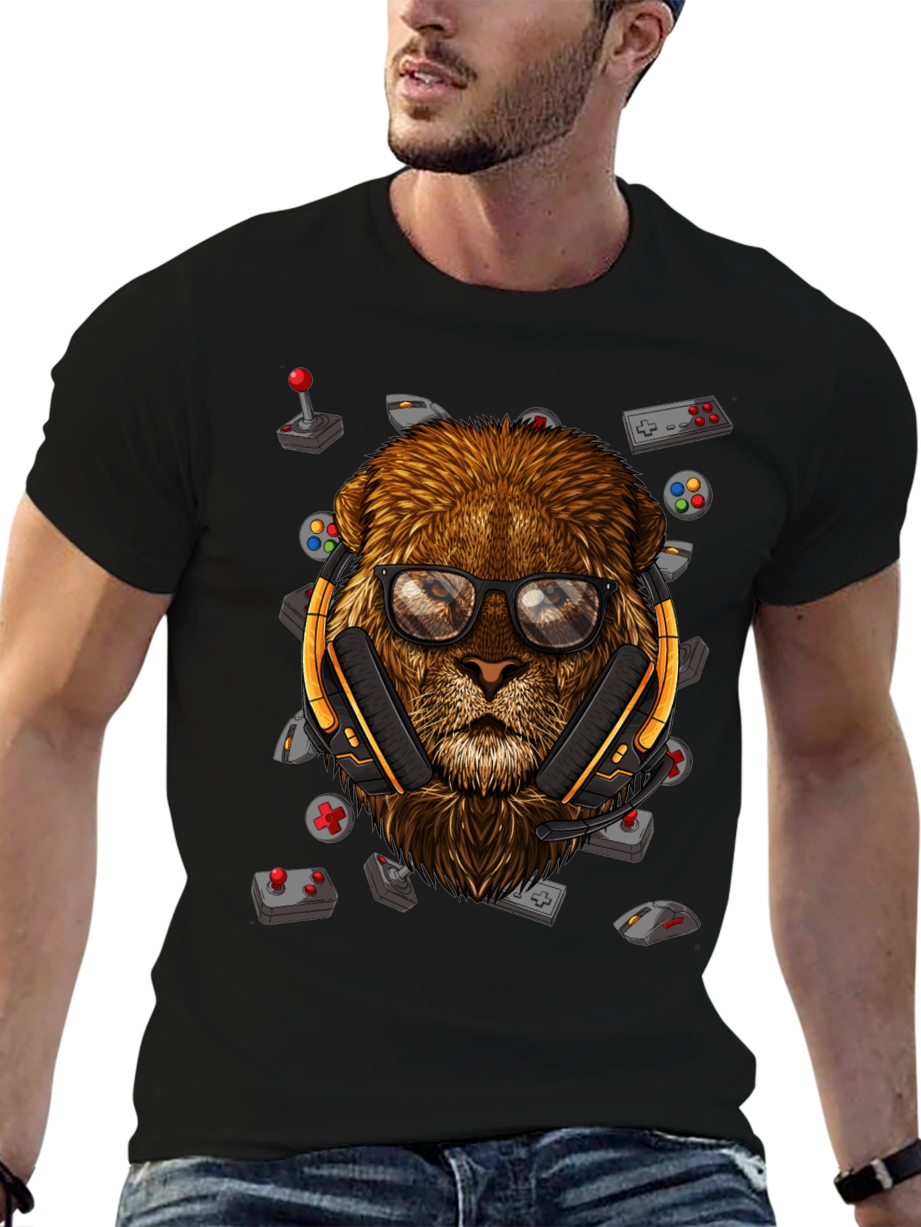 Gamer Lion Graphic Tee - Black Cotton Blend