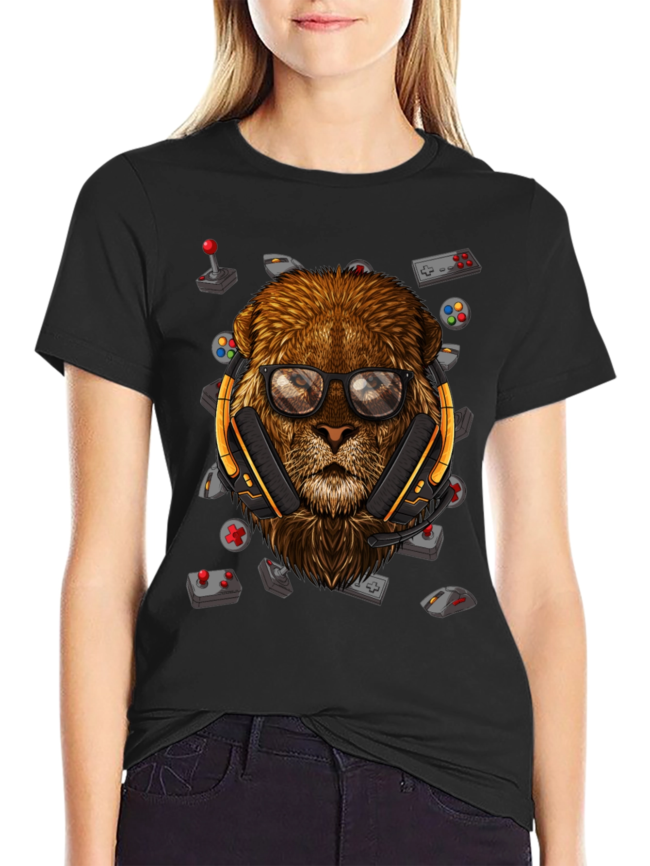 Gamer Lion Graphic Tee - Black Cotton Blend