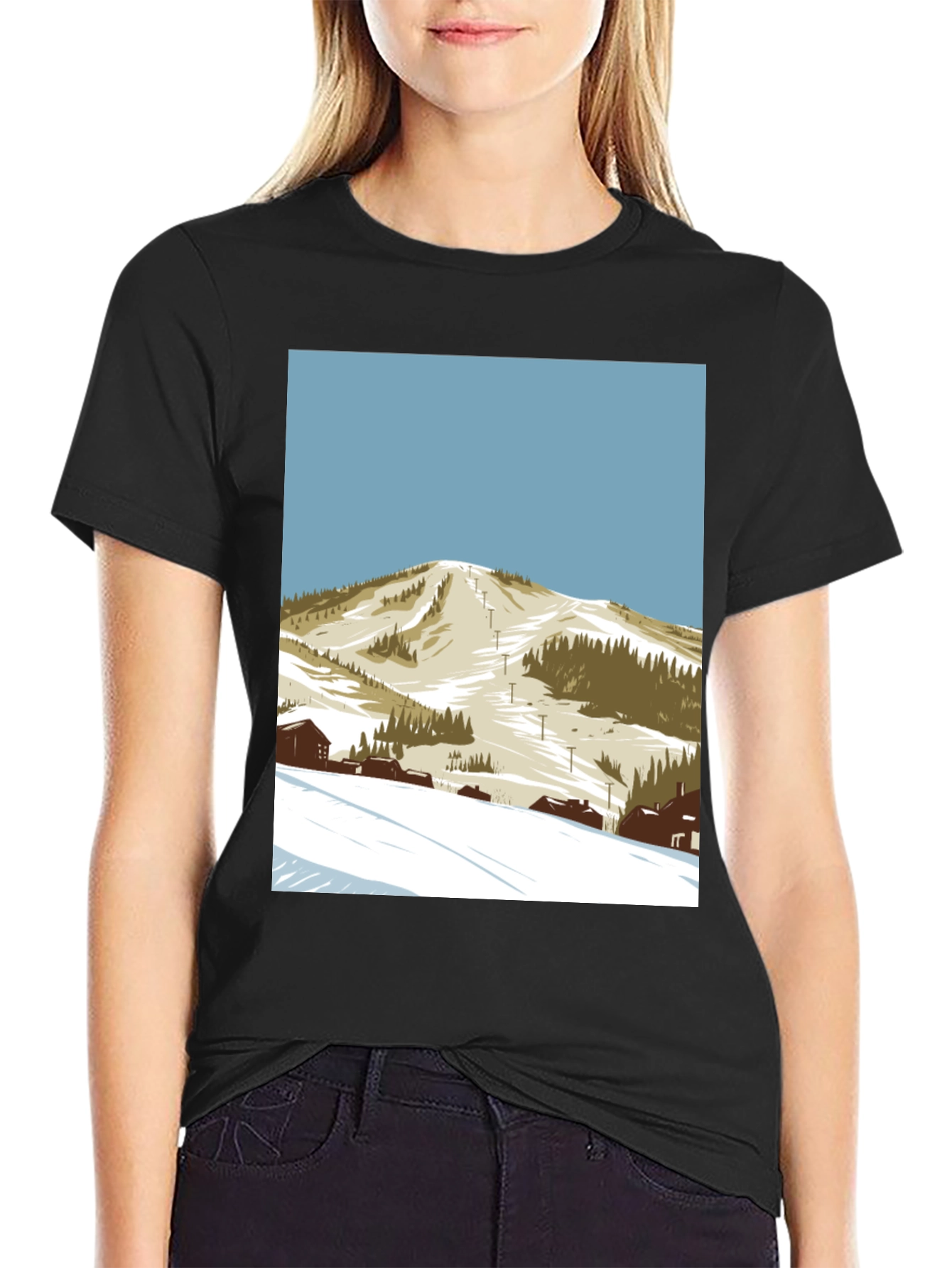 Ski Mountain Graphic Tee - Black Cotton T-Shirt