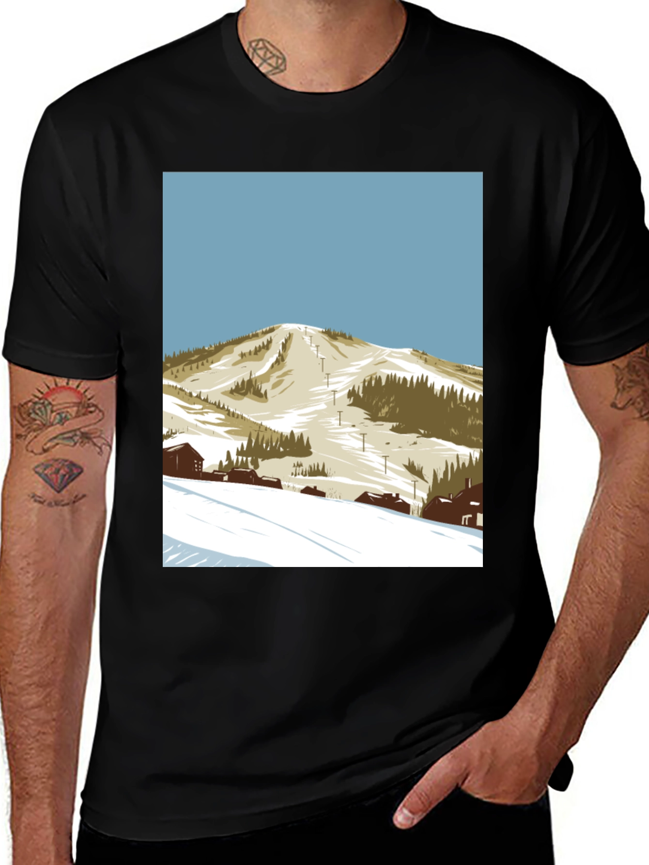 Ski Mountain Graphic Tee - Black Cotton T-Shirt