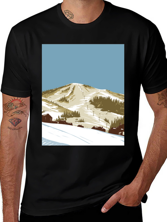 Ski Mountain Graphic Tee - Black Cotton T-Shirt