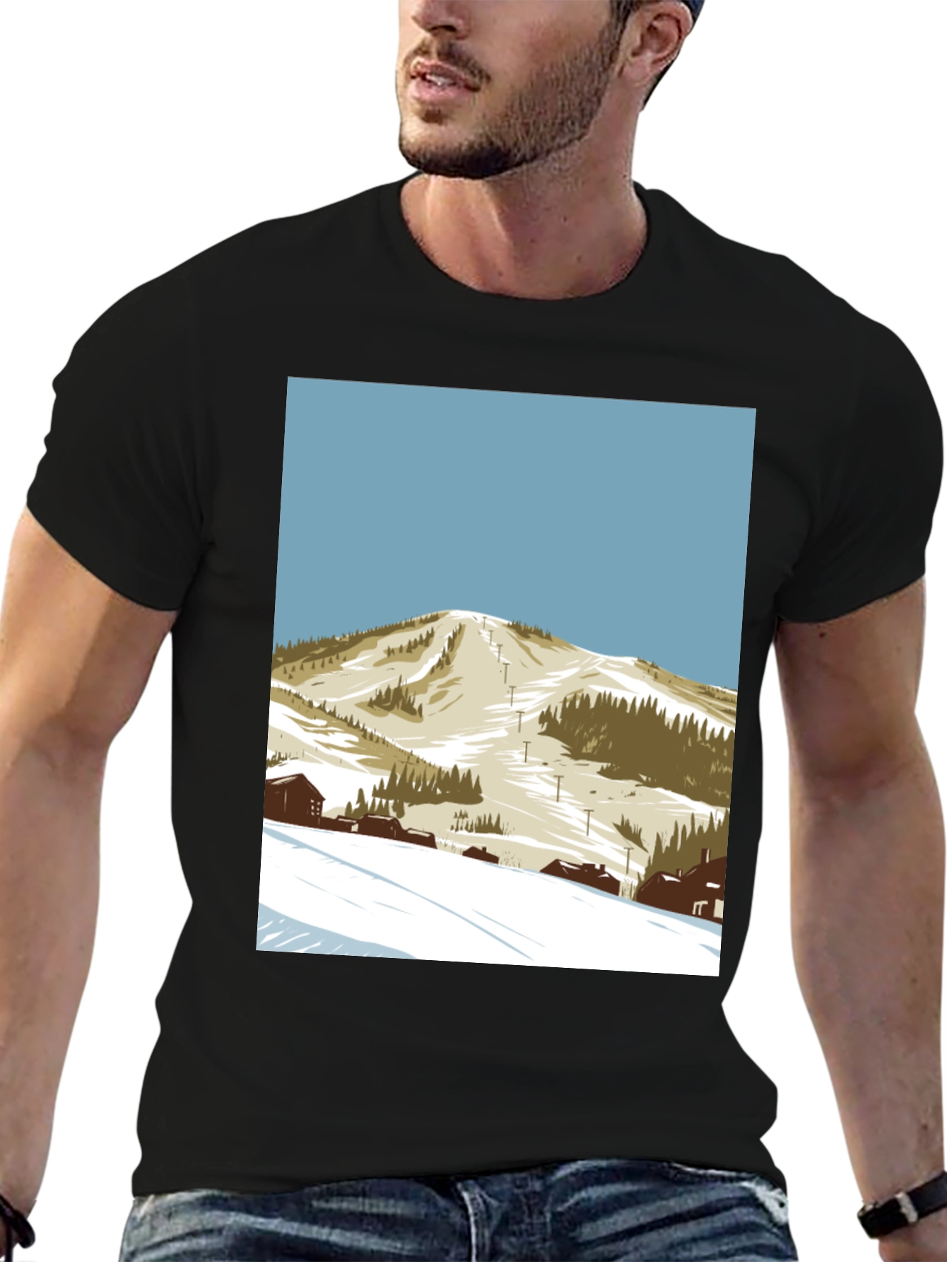 Ski Mountain Graphic Tee - Black Cotton T-Shirt