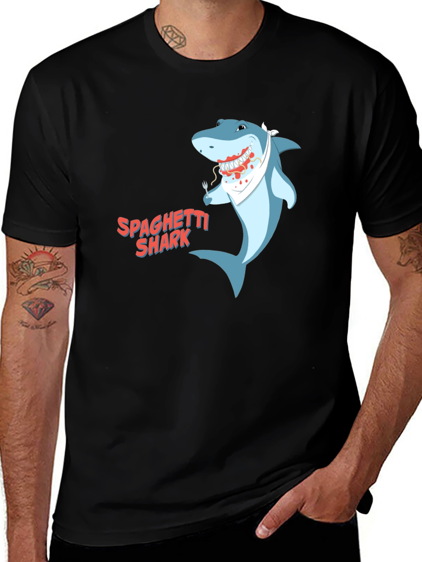Spaghetti Shark Graphic Tee - Funny Cartoon Shirt