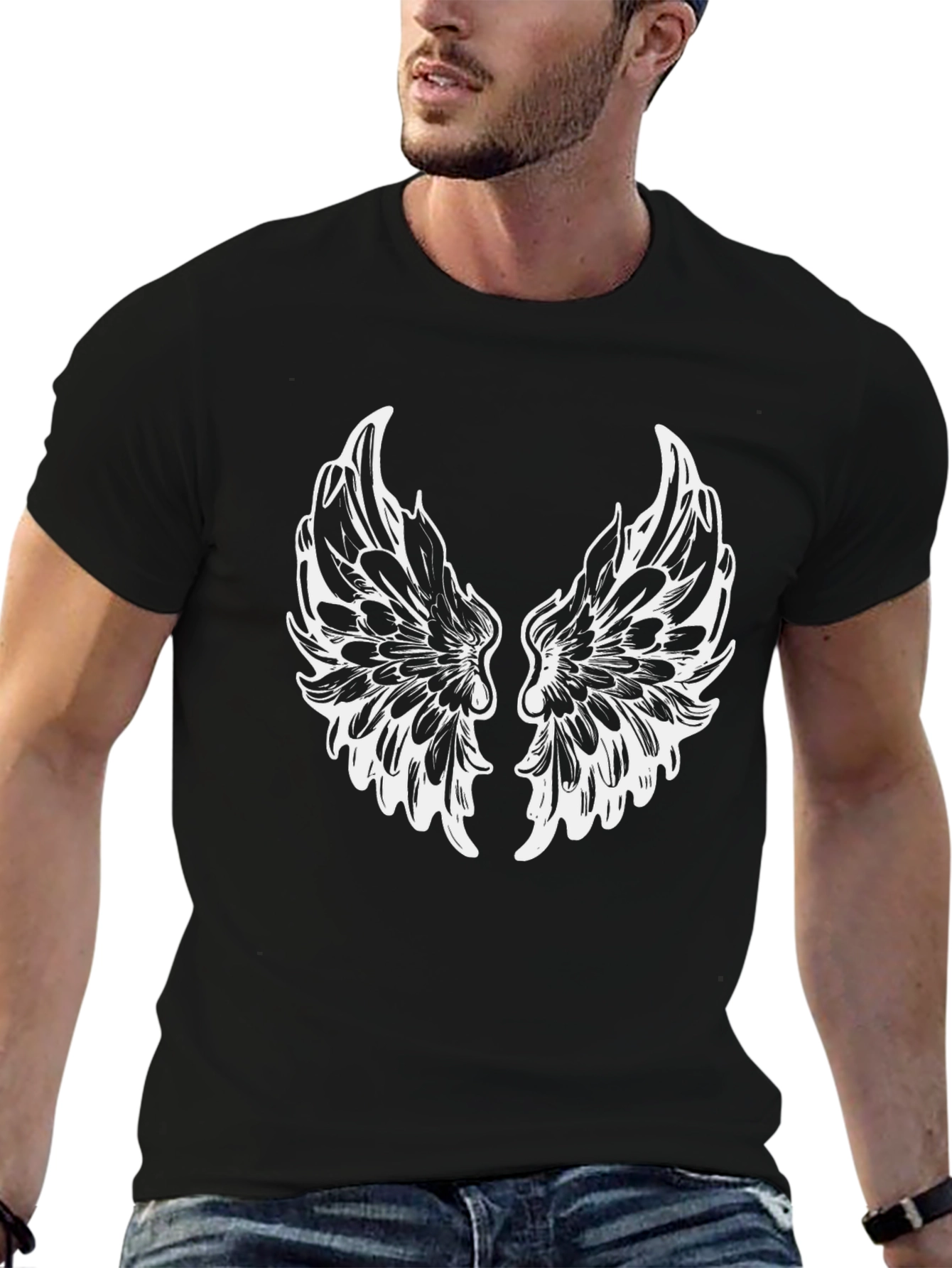 Black T-Shirt with White Wings Graphic