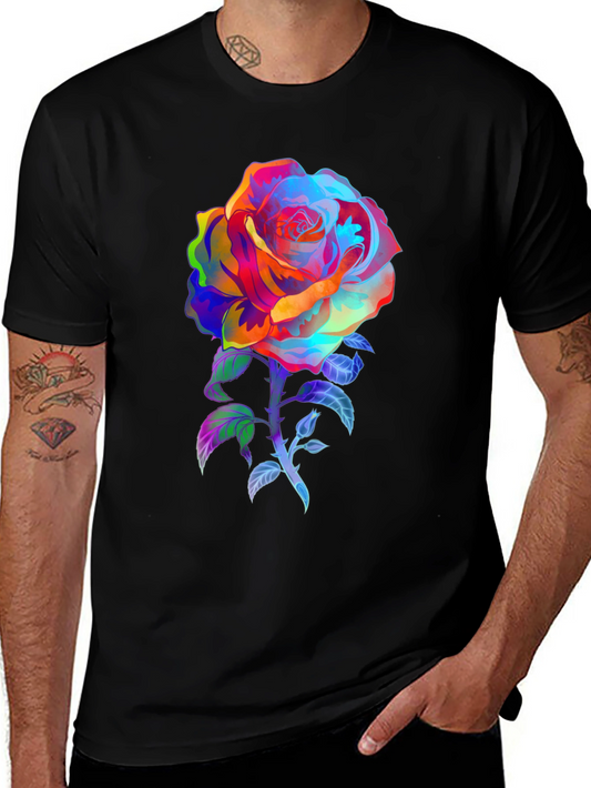 Colorful Rose Graphic Black T-Shirt