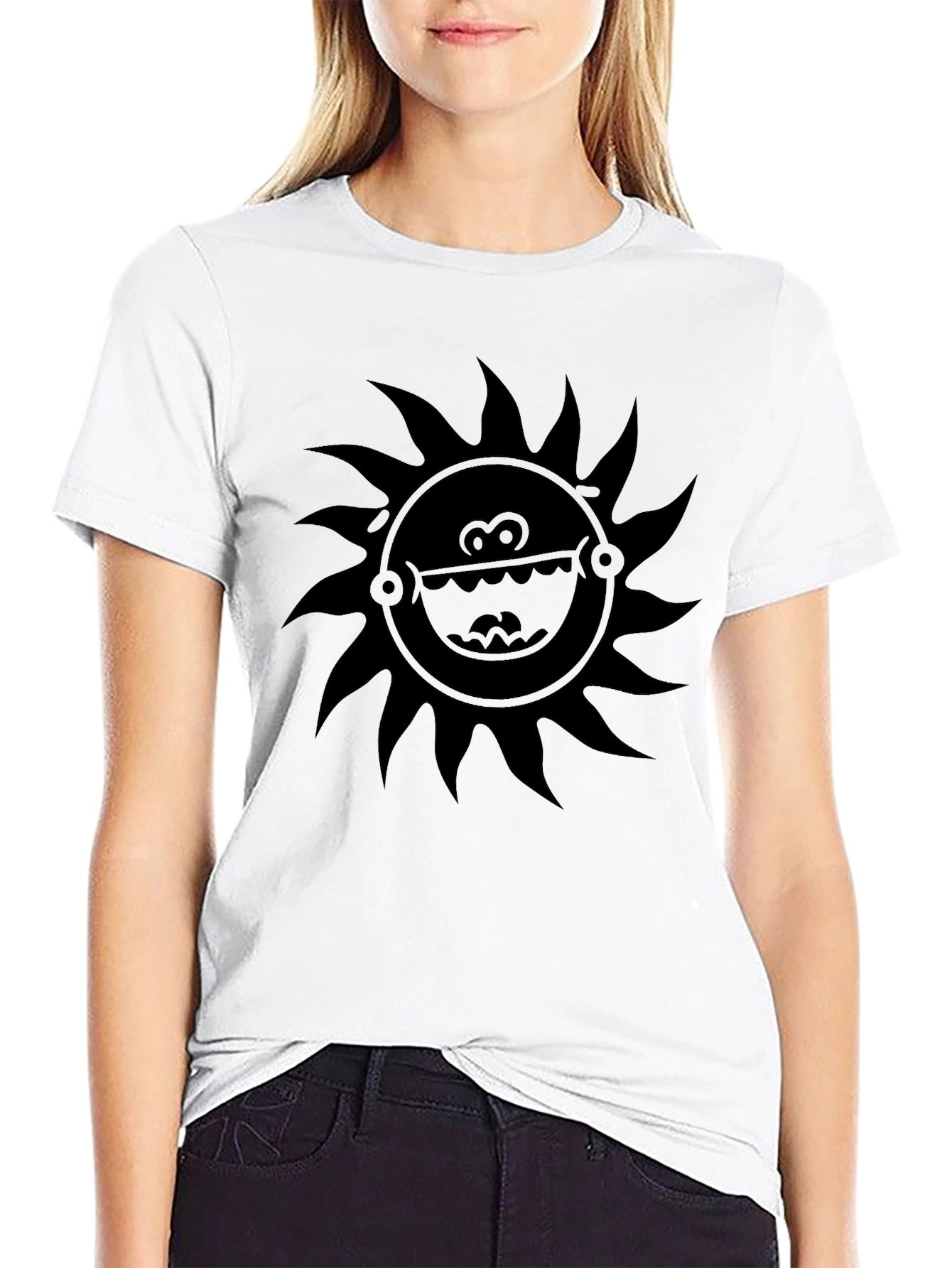Black T-Shirt with Sun Face Graphic