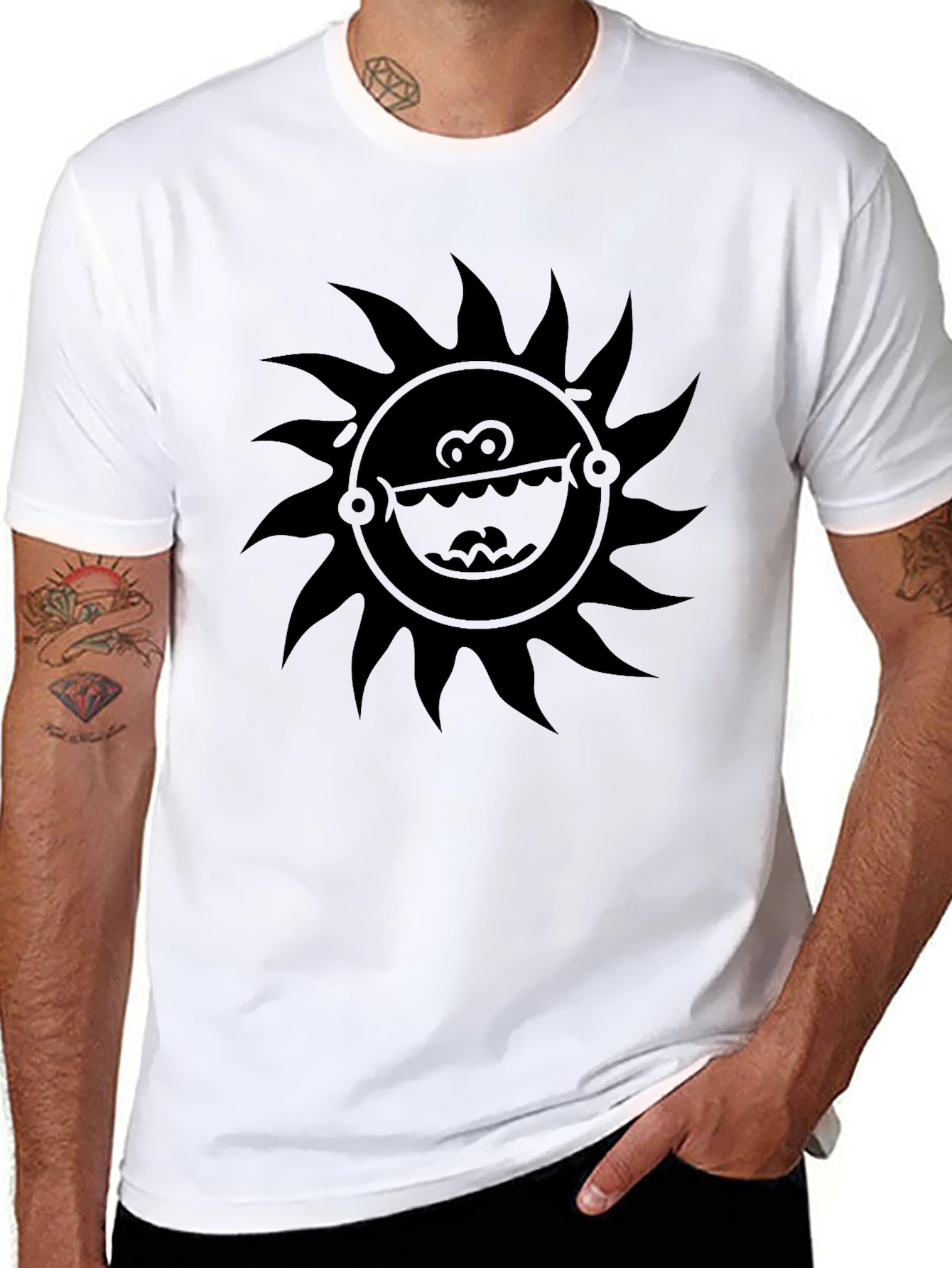 Black T-Shirt with Sun Face Graphic